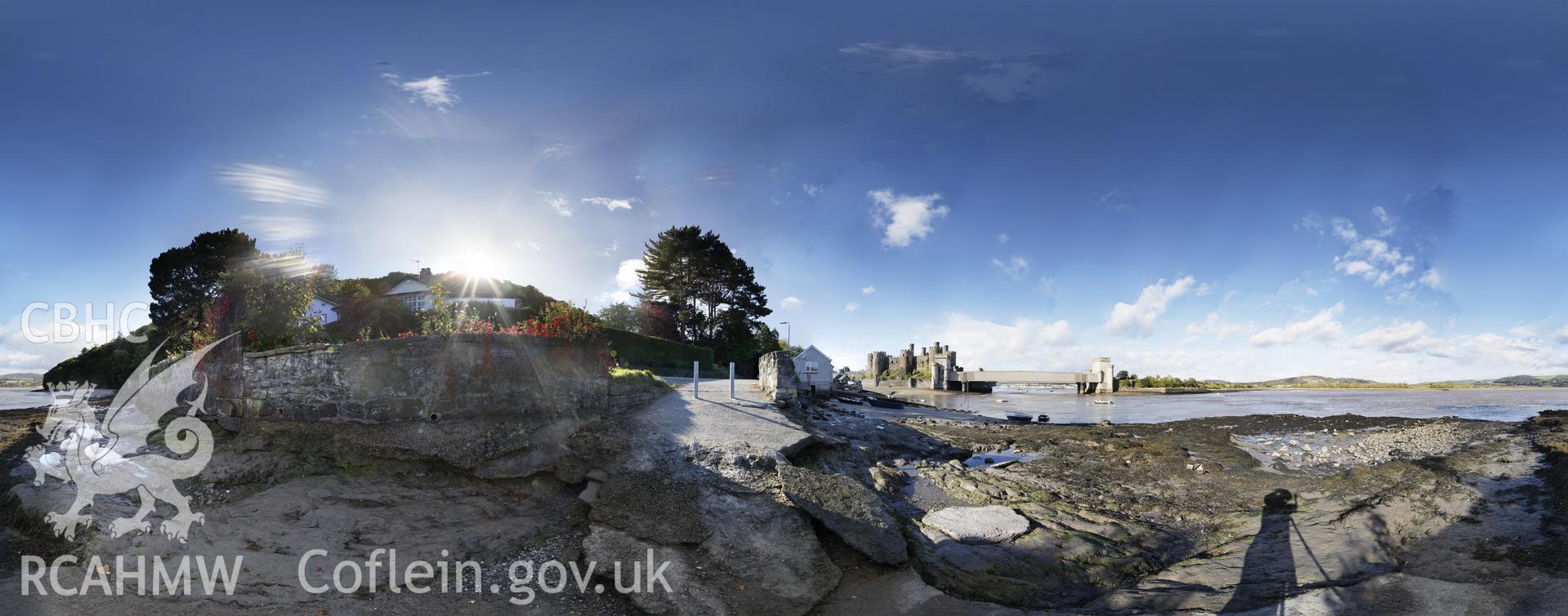 Reduced resolution Tif file of stitched images taken on the riverbank overlooking Conwy suspension Bridge, produced by Sue Fielding.