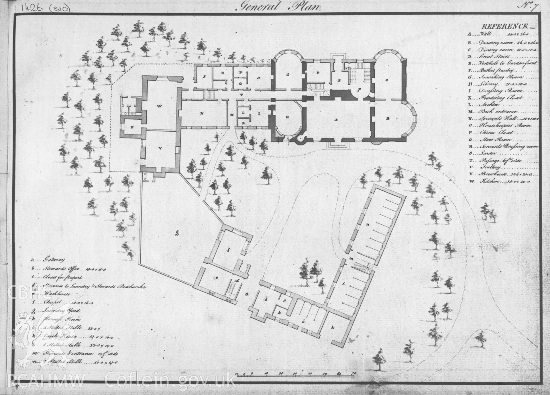 Digital copy of a 1762 drawing by Samuel Wyatt showing general plan of Penrhyn Castle and gardens.