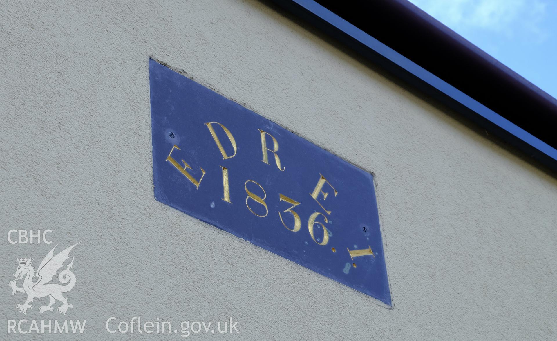 Colour photograph showing tablet dated 1836 on one of the houses on the south side of Stryd Fawr, Deiniolen, produced by Richard Hayman 2nd February 2017