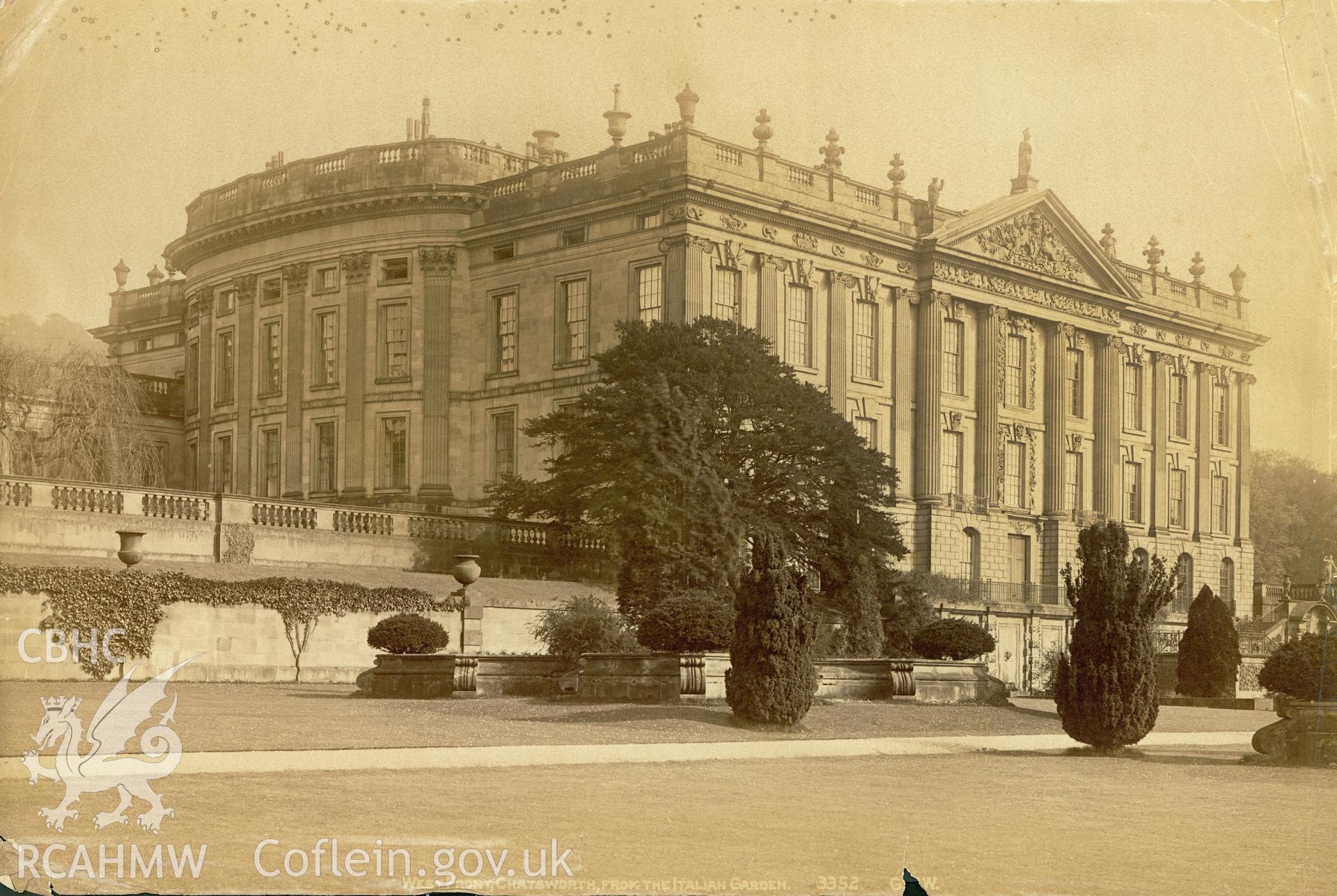 Digital copy of a black and white photograph showing the west front of Chatsworth House from the Italian Garden.