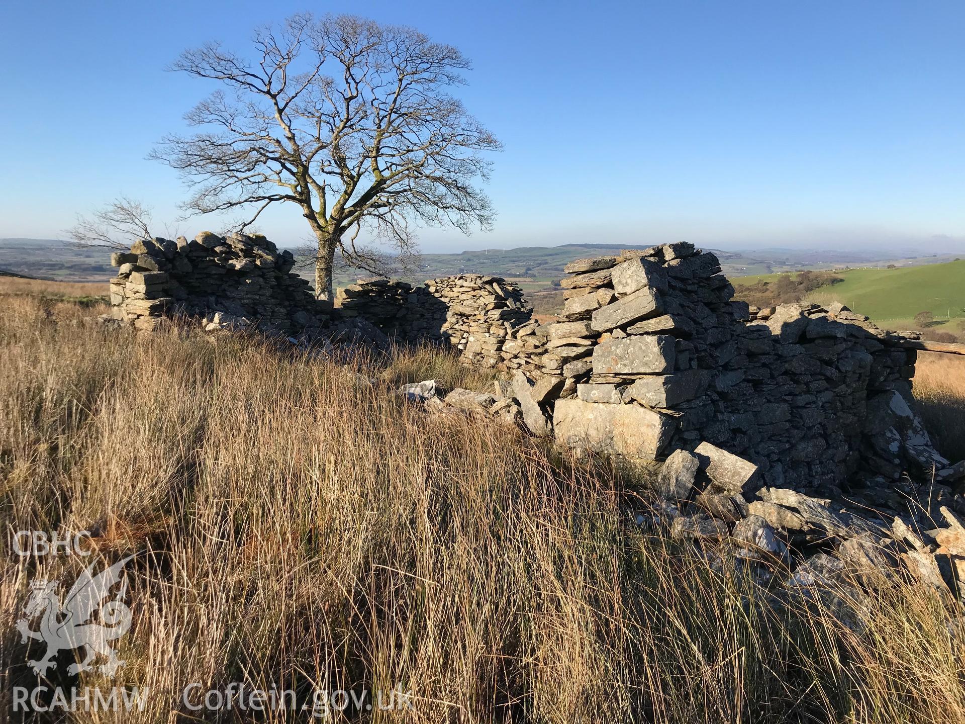 Exterior view of the remains of Cil-y-Bryn house, which is south west of Bryneithinog farm, Ystrad Fflur. Colour photograph taken by Paul R. Davis on 18th November 2018.