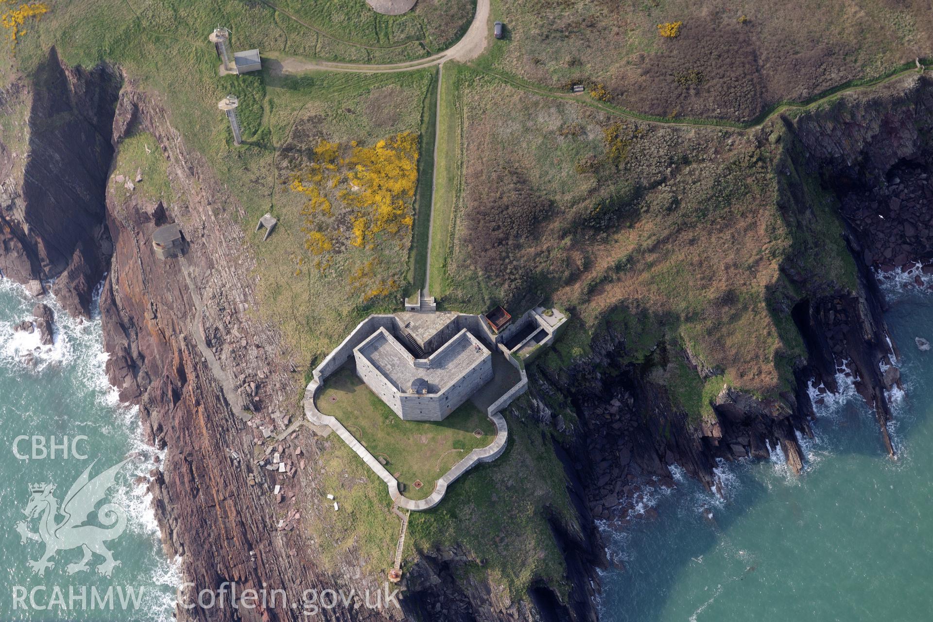 Aerial photography of West Blockhouse taken on 27th March 2017. Baseline aerial reconnaissance survey for the CHERISH Project. ? Crown: CHERISH PROJECT 2017. Produced with EU funds through the Ireland Wales Co-operation Programme 2014-2020. All material made freely available through the Open Government Licence.