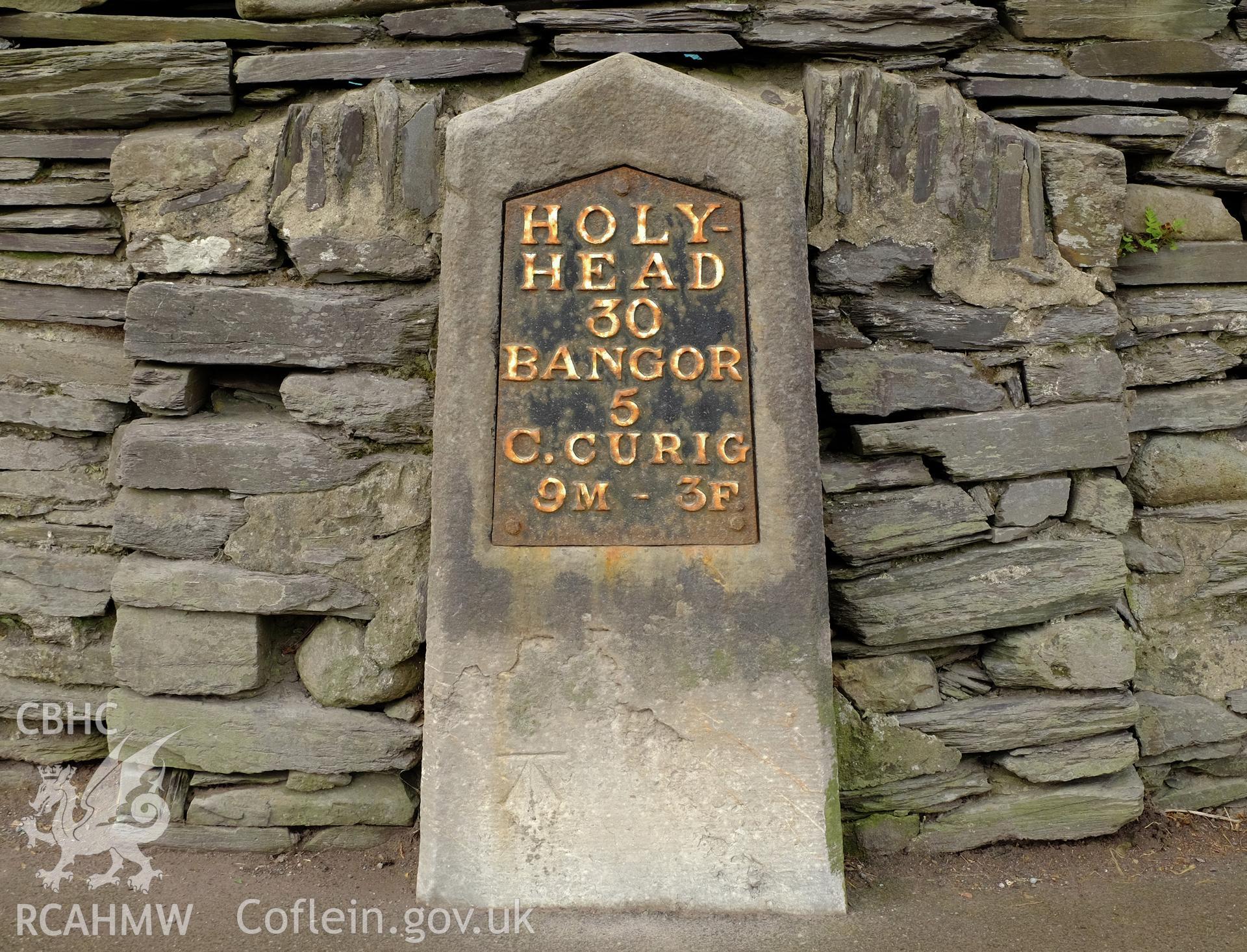 Colour photograph showing milepost on A5, Bethesda, produced by Richard Hayman 16th February 2017