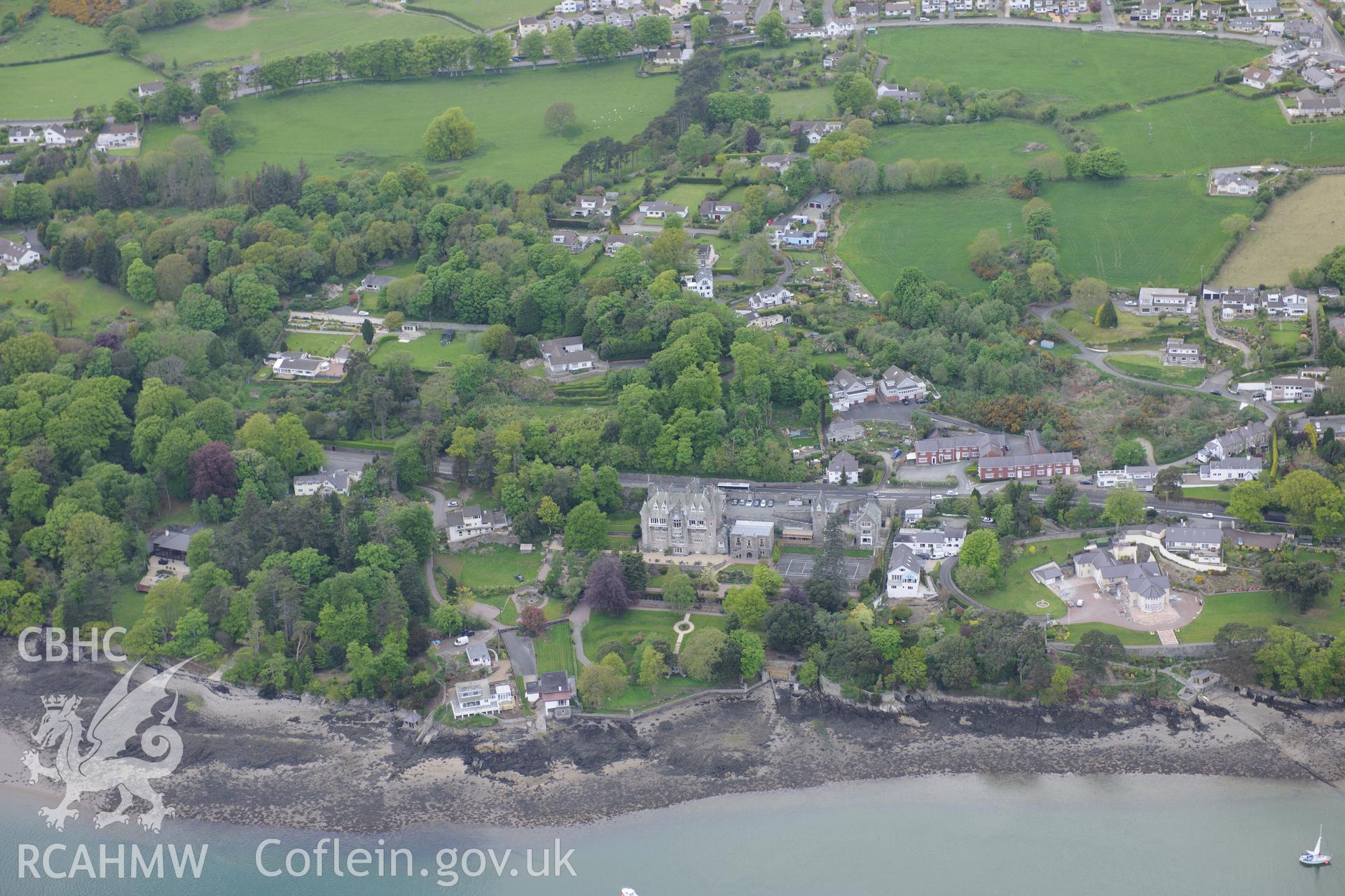 Rhianfa house and garden, and Glan-y-Menai house and garden, Llandegfan. Oblique aerial photograph taken during the Royal Commission?s programme of archaeological aerial reconnaissance by Toby Driver on 22nd May 2013.