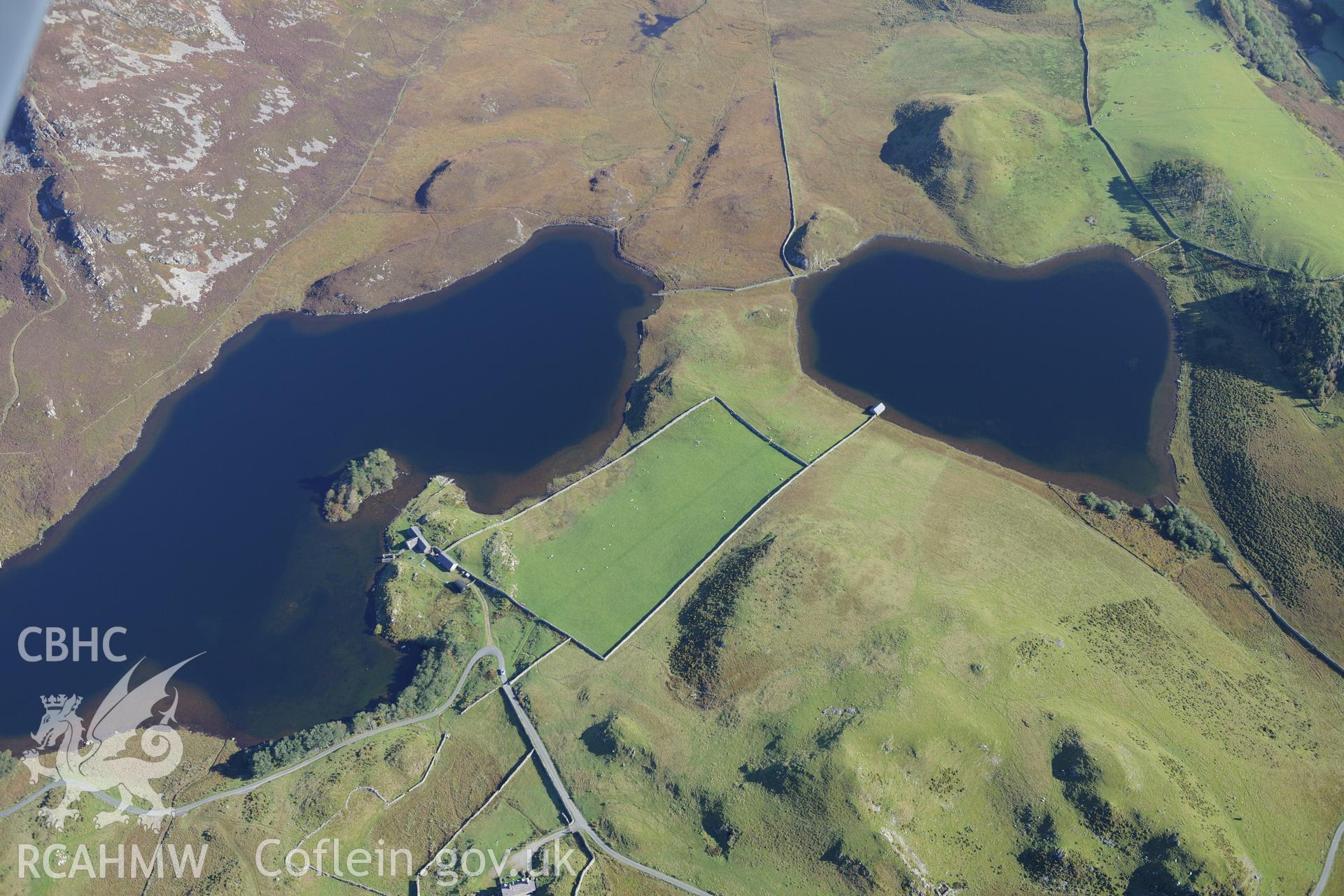 Llynnau Cregennen on the slopes of Cadair Idris. Oblique aerial photograph taken during the Royal Commission's programme of archaeological aerial reconnaissance by Toby Driver on 2nd October 2015.