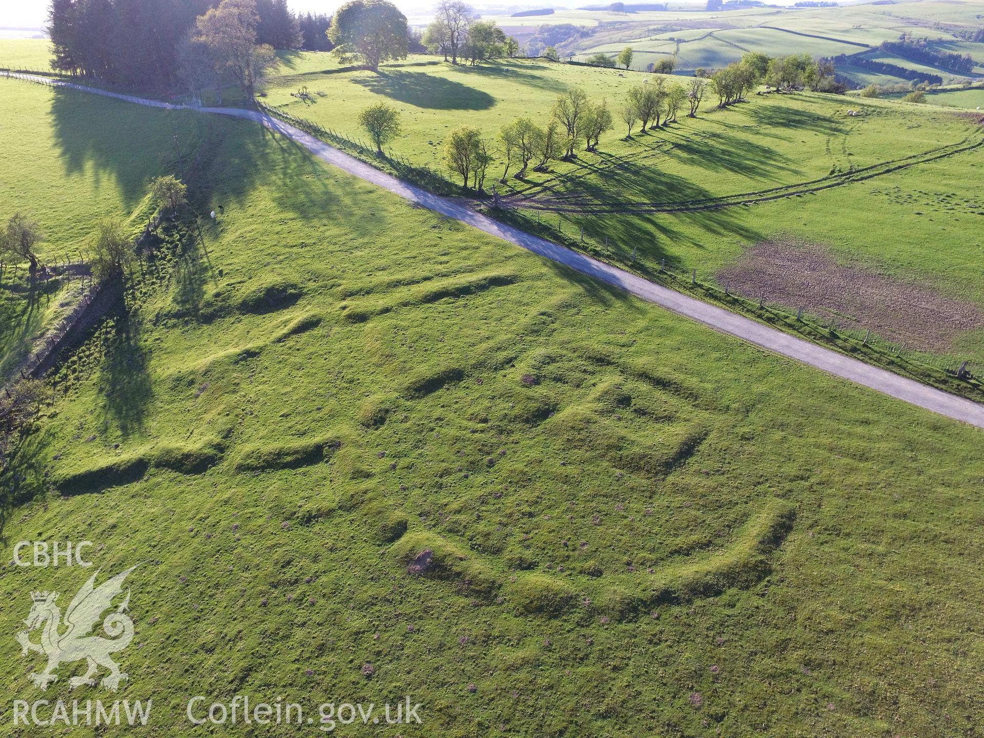 Colour photo showing aerial view of deserted rural settlement at Fron Top, Llanbister, taken by Paul R. Davis, 13th May 2018.