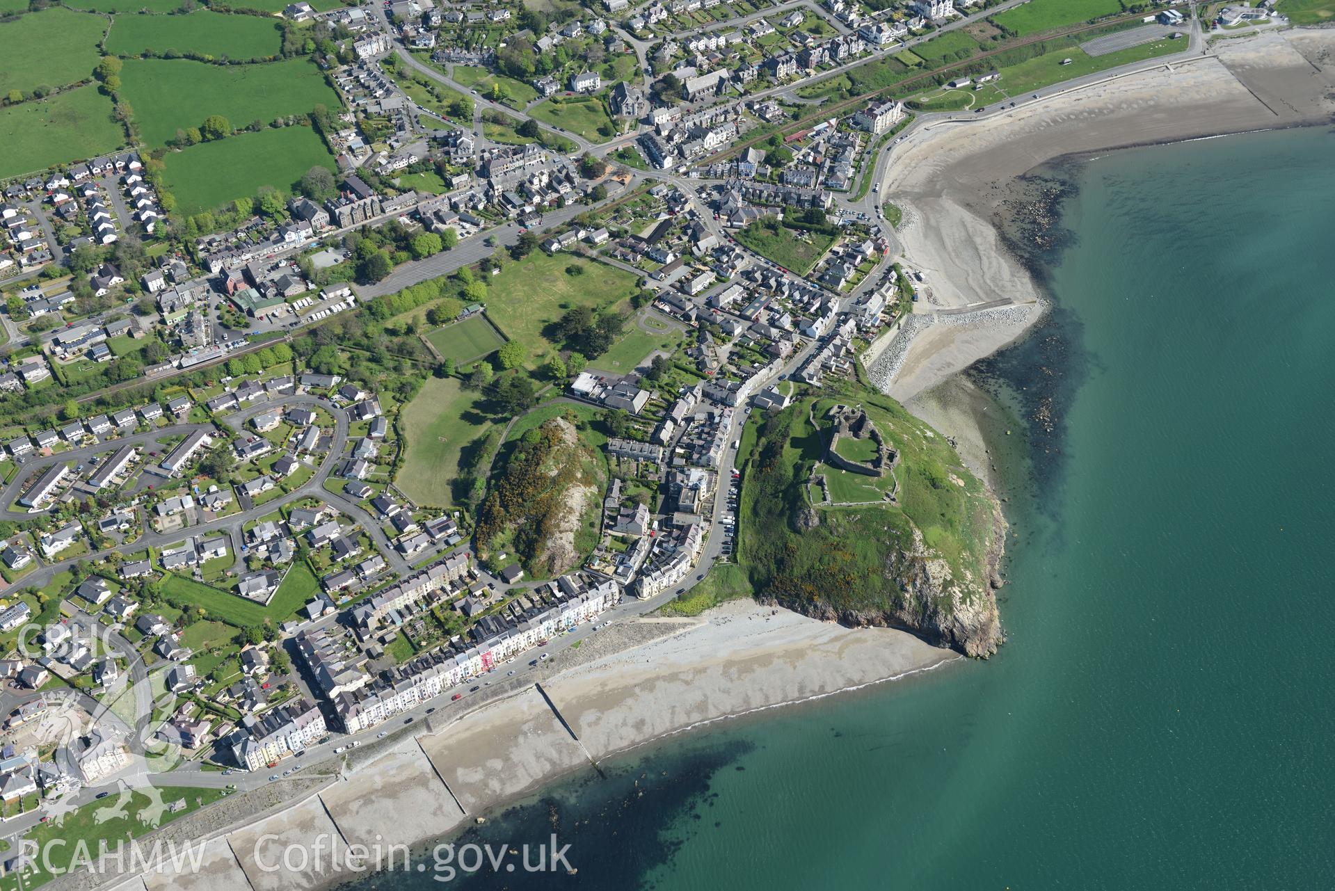 Aerial photography of Criccieth and its castle taken on 3rd May 2017.  Baseline aerial reconnaissance survey for the CHERISH Project. ? Crown: CHERISH PROJECT 2017. Produced with EU funds through the Ireland Wales Co-operation Programme 2014-2020. All ma