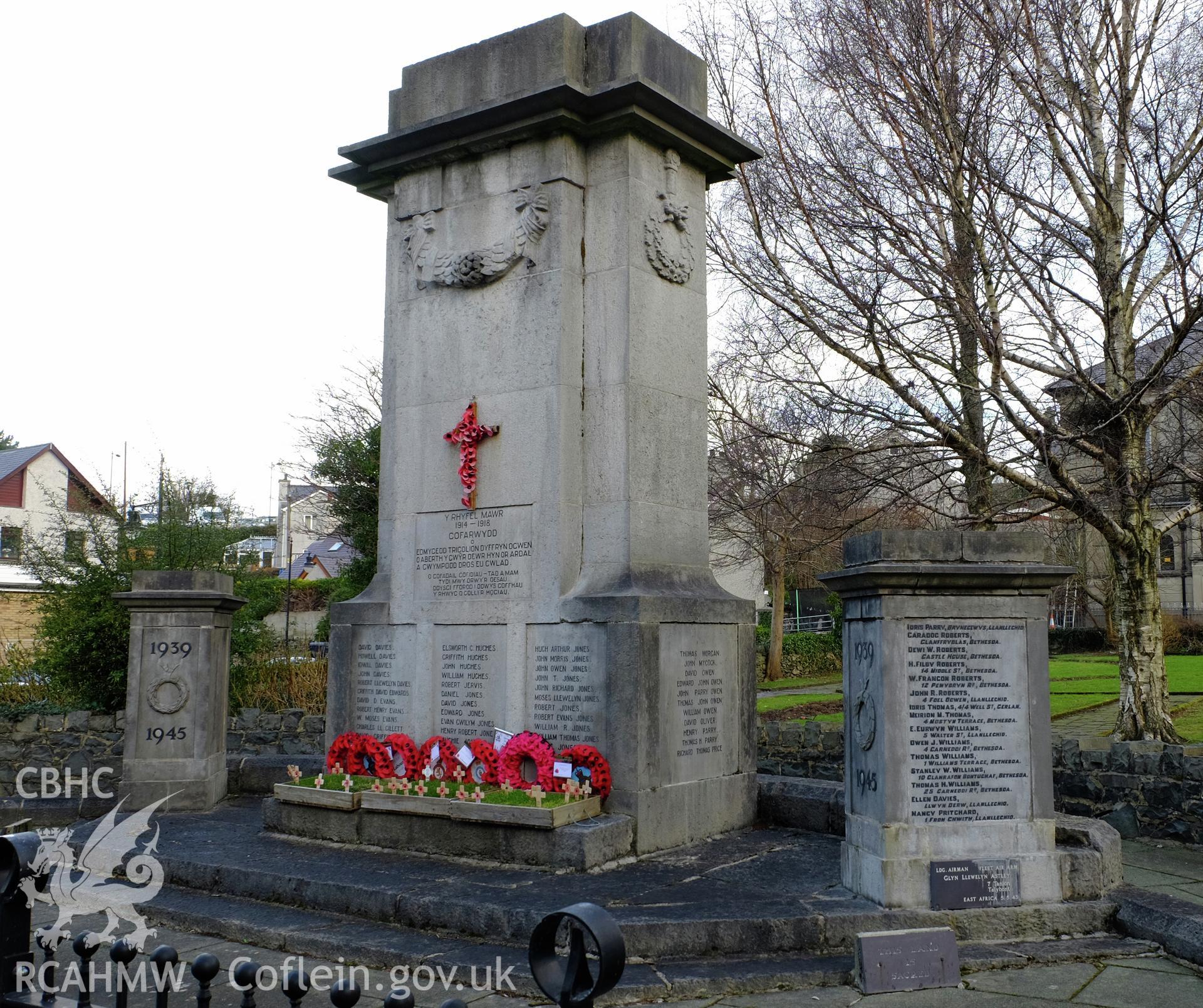 Colour photograph showing a view of Bethesda War Memorial, looking north west from the high street, produced by Richard Hayman 16th February 2017