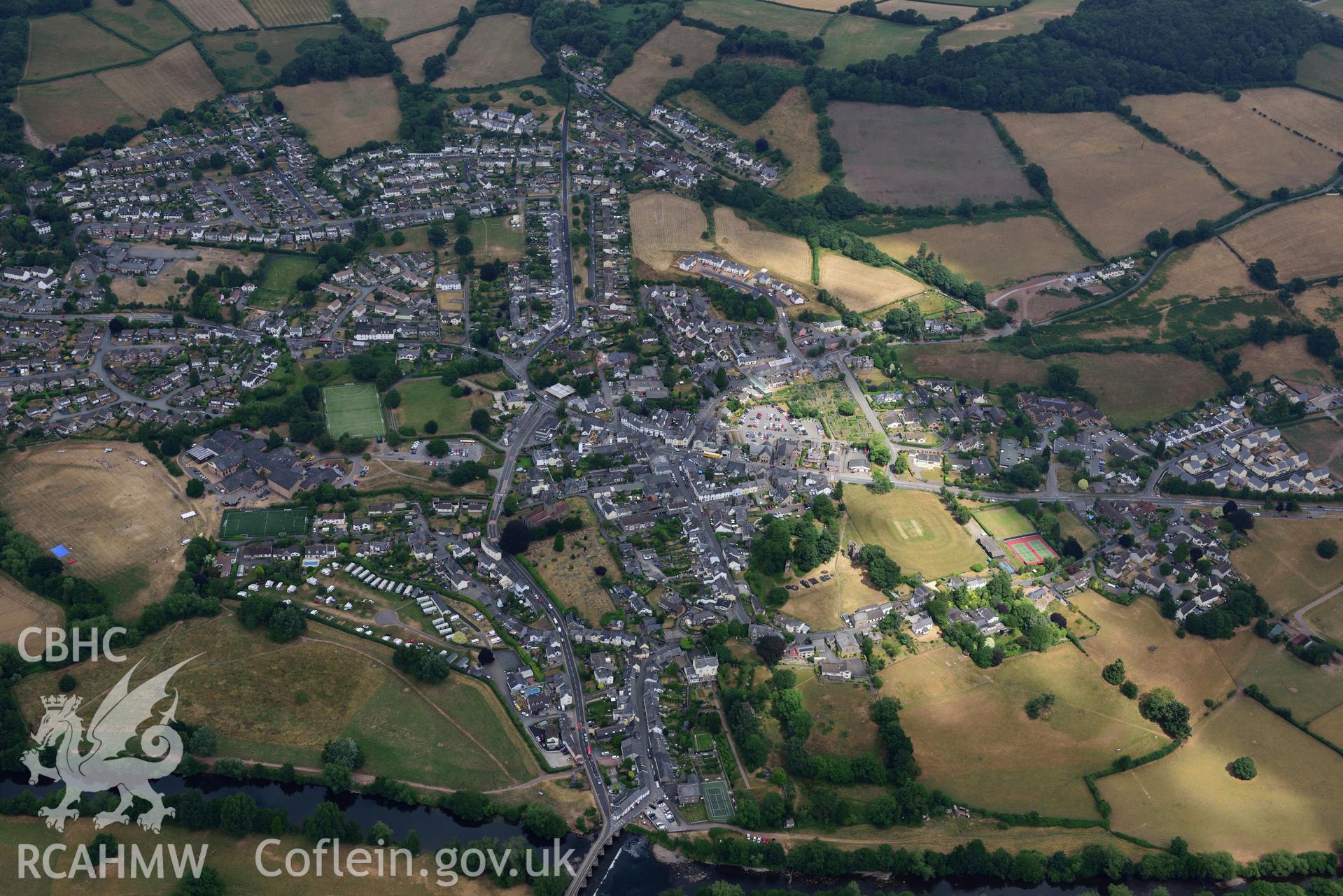 Royal Commission aerial photography of Crickhowell Town taken on 19th July 2018 during the 2018 drought.