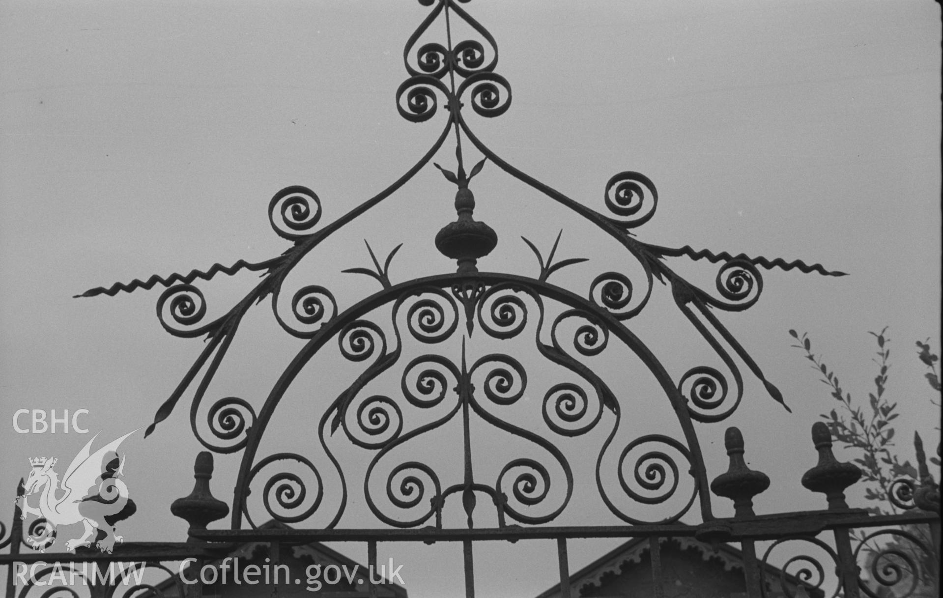 Digital copy of a black and white negative showing view of wrought iron gates at Capel Pant-y-Defaid Welsh Unitarian chapel, Pren-Gwyn, Llandysul. Photographed by Arthur O. Chater in September 1966.