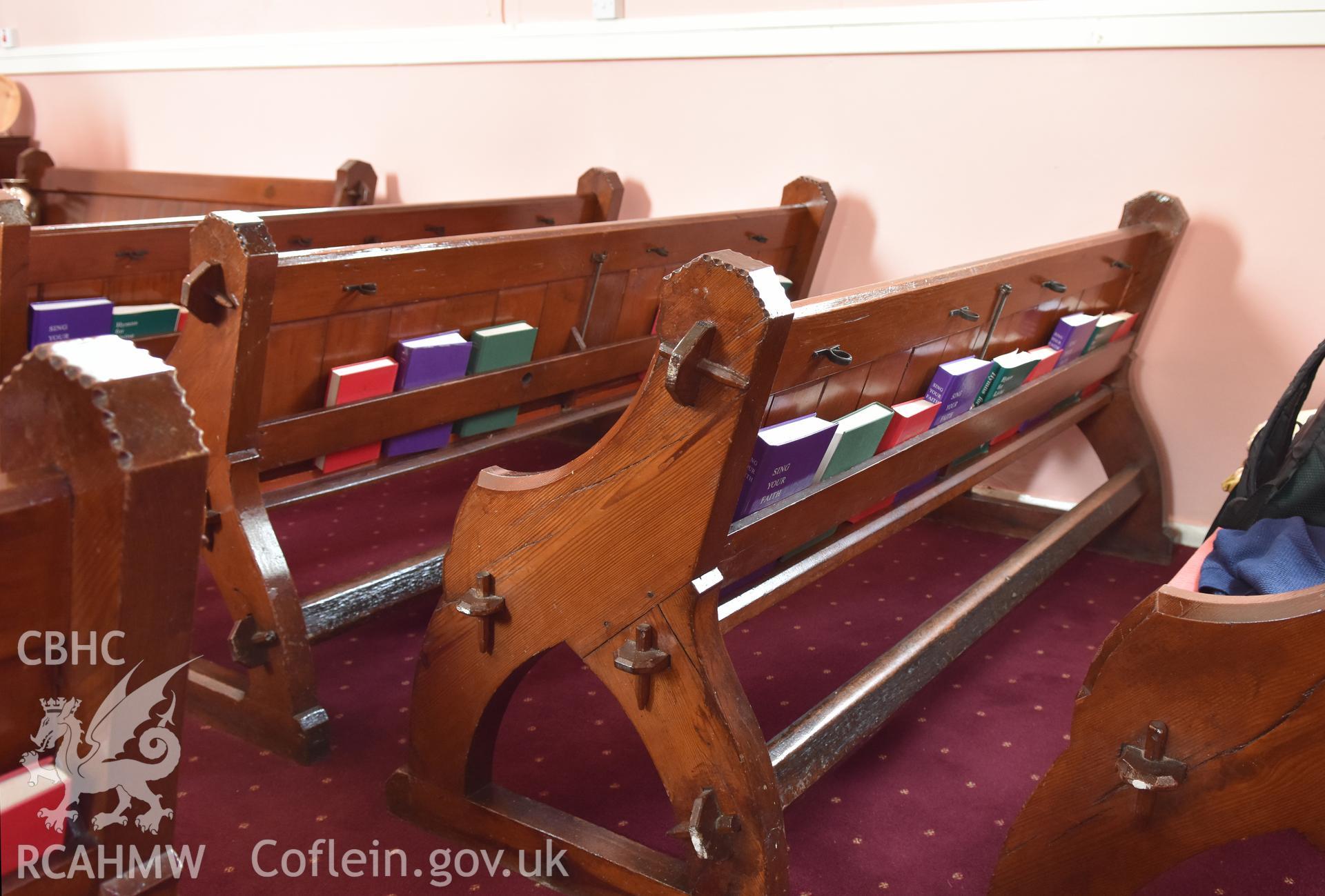 Colour photograph showing detail of wooden pews at the Baptist & Unitarian Chapel, Nottage, Porthcawl. Taken during photographic survey conducted by Sue Fielding on 12th May 2018.