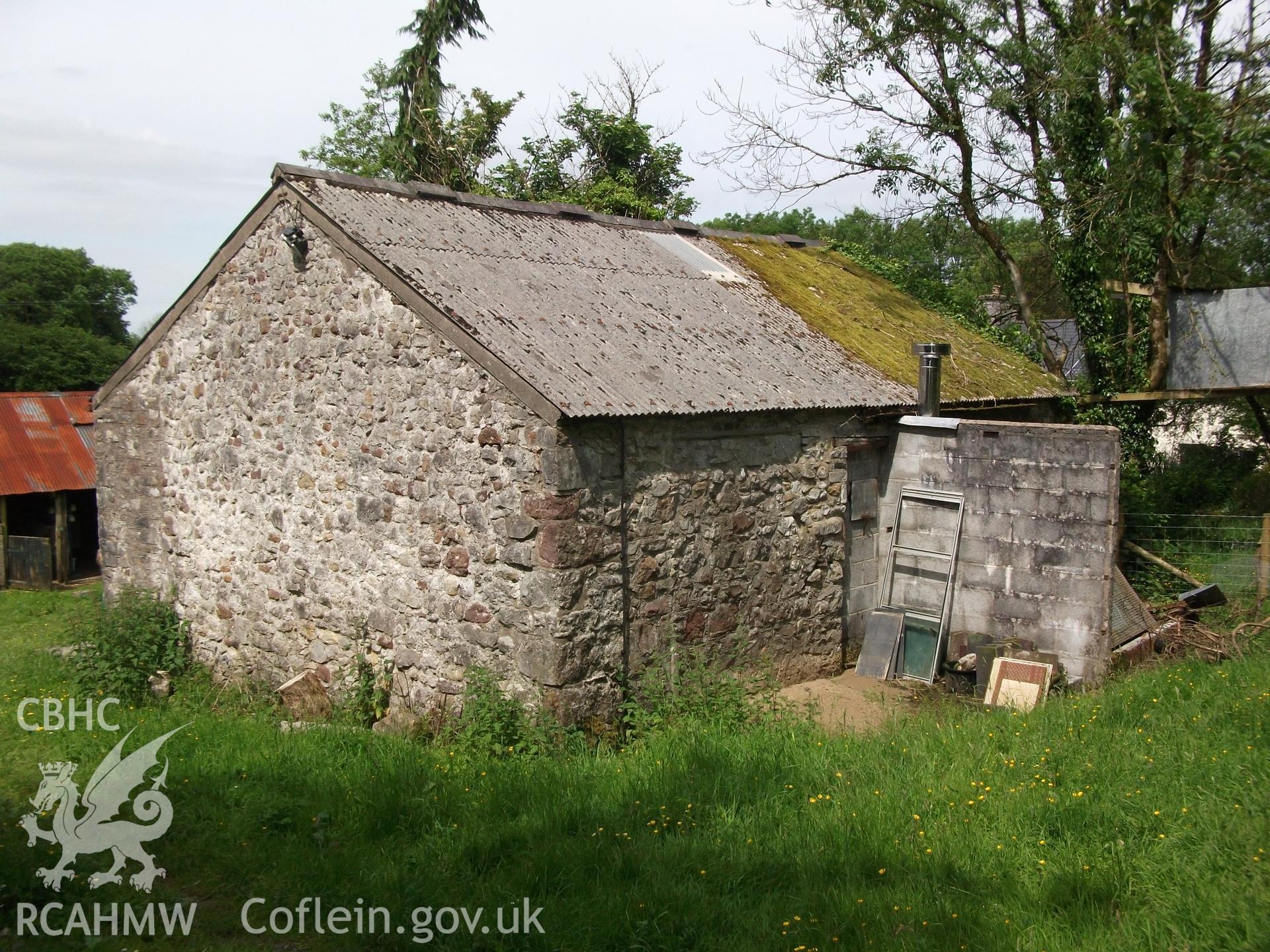 Photograph showing exterior rear and side elevation of 'ale and pail barn,' at Pant-y-Castell, Maesybont, Photographed by Mark Waghorn to meet a condition attached to planning application.