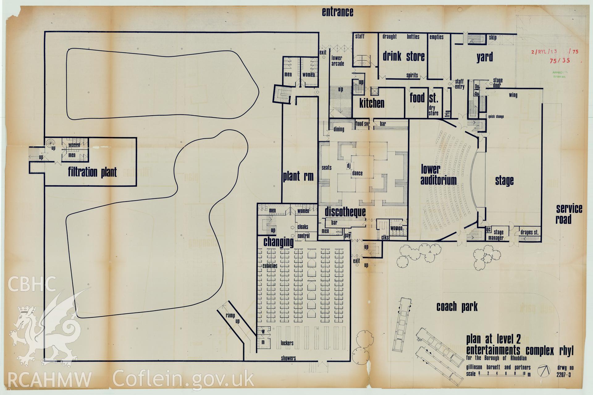 Digital copy of a measured drawing showing plan at level 2 of the entertainment complex Rhyl Sun Centre and Theatre, produced by Gillinson Barnett & Partners  1975. Loaned for copying by Denbighshire County Council.