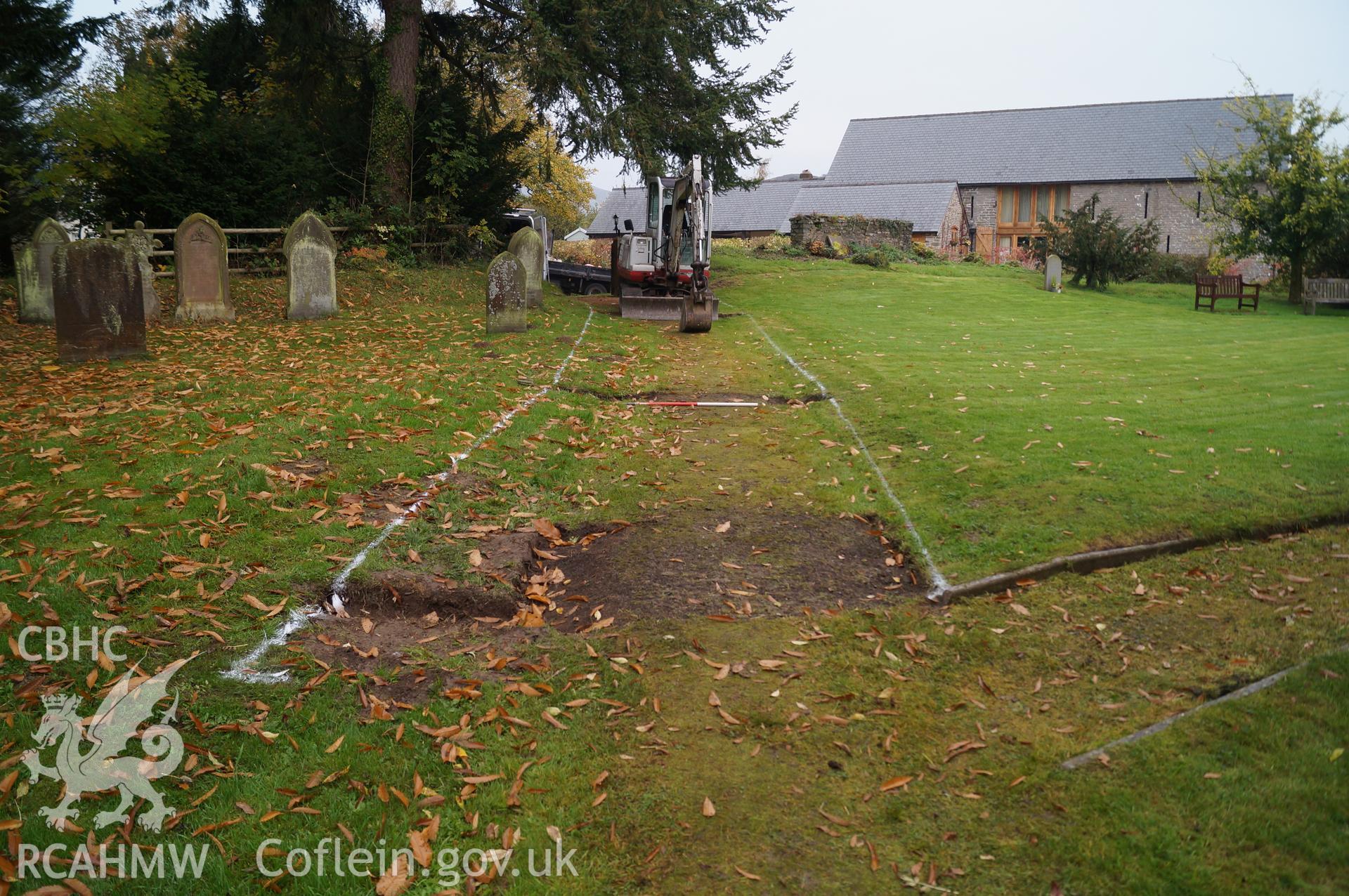 View 'looking west northwest at the new path width marked out' at St. Mary's church in Gladestry, Powys. Photograph and description by Jenny Hall and Paul Sambrook of Trysor, 16th October 2017.