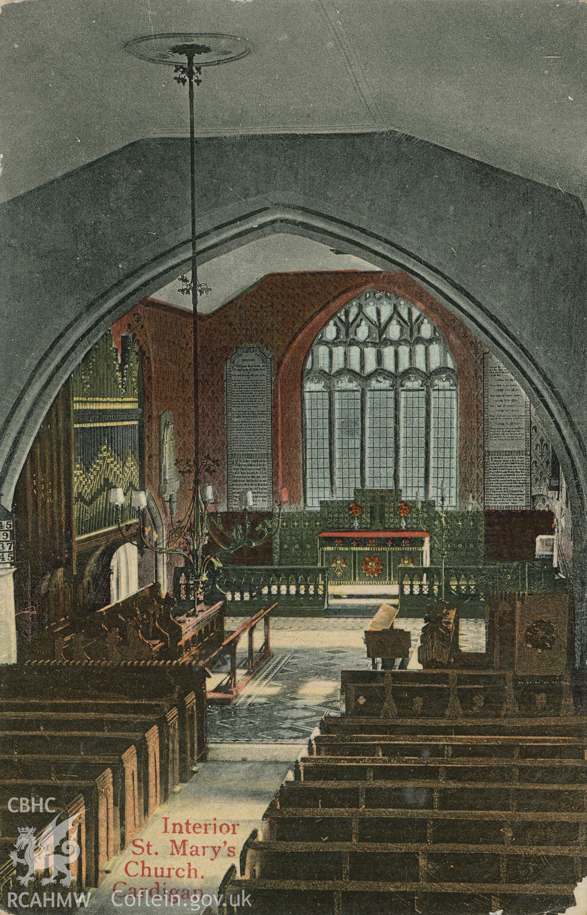 Digital copy of a drawn colour postcard showing the interior of St Mary's Church, Cardigan.