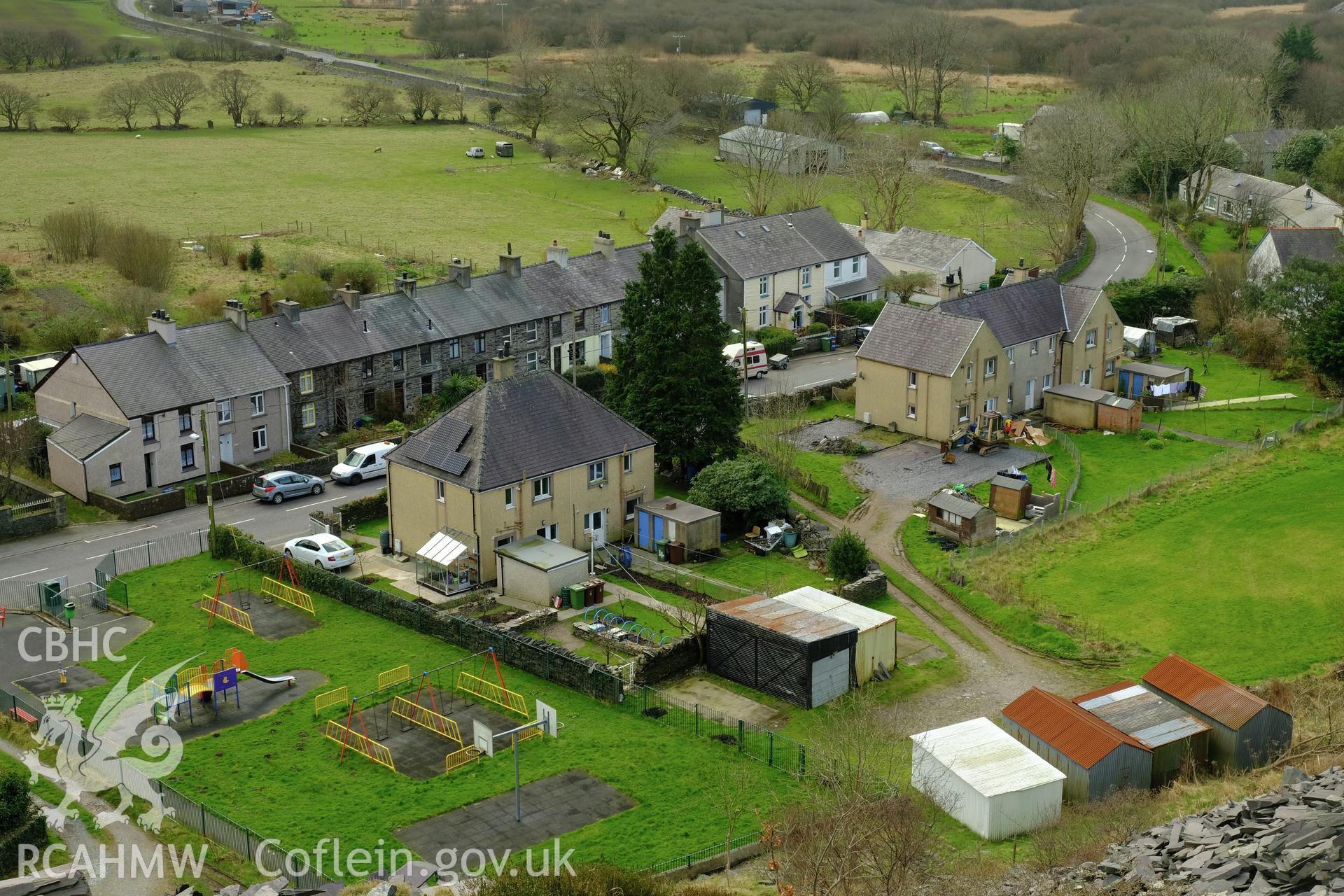 Colour photograph showing view looking south west at Tai Penyrorsedd, Nantlle, produced by Richard Hayman 9th March 2017