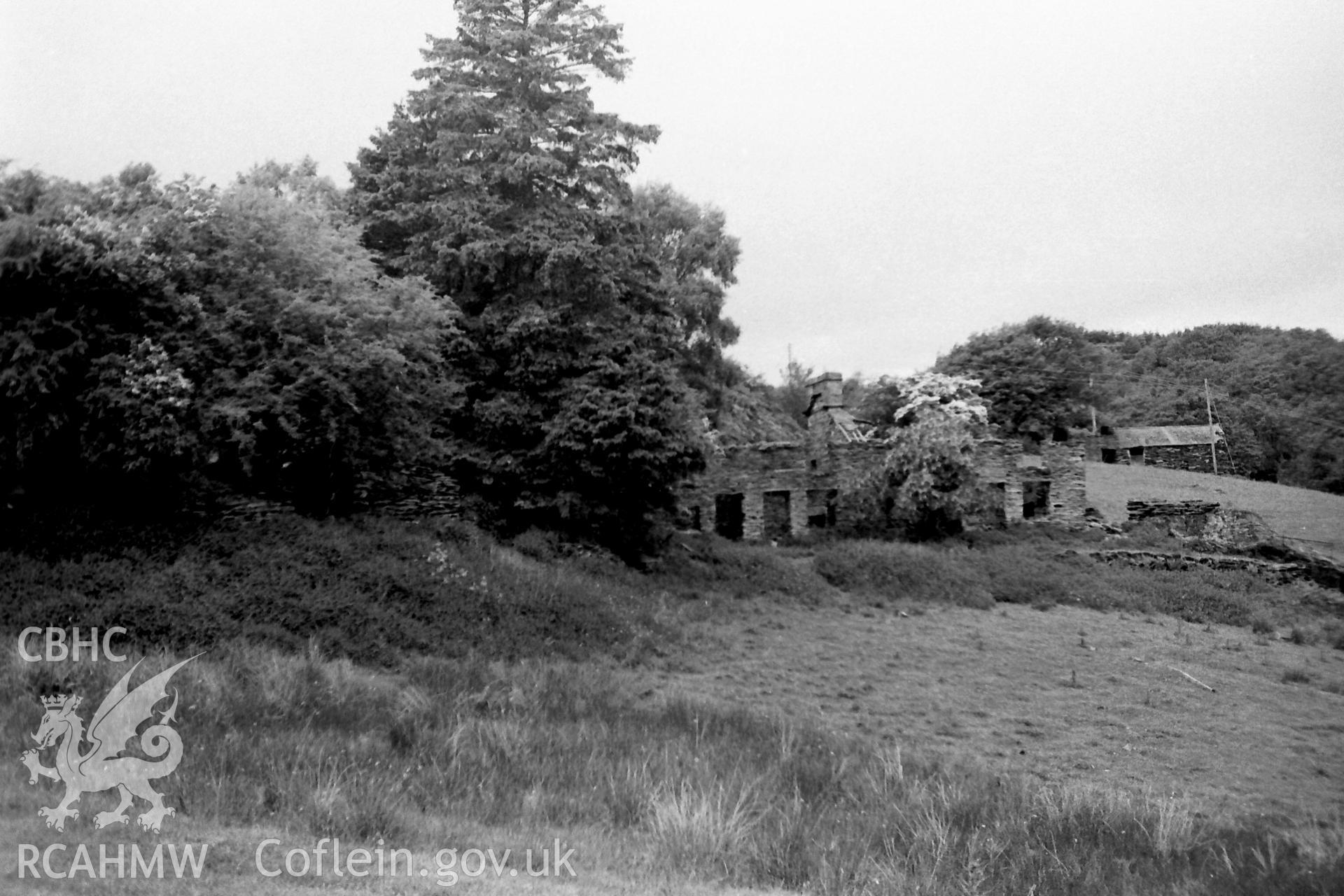 Digitised black and white photograph of abandoned quarrymens cottages at Rhiwddolion. Produced during Bachelor of Architecture dissertation: 'The Form and Architecture of Nineteenth Century Industrial Settlements in Rural Wales' by Martin Davies, 1979.