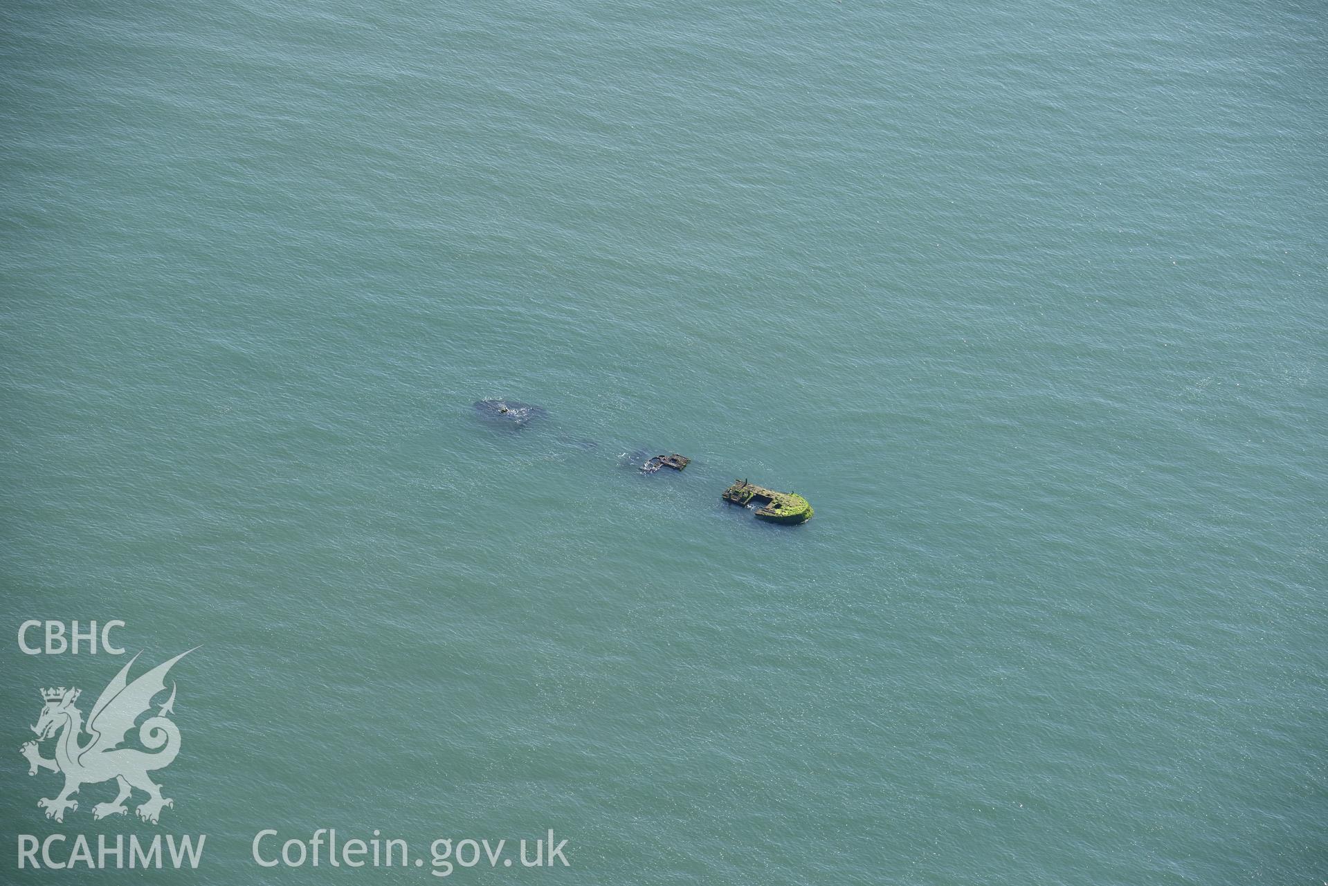 Wreck of Grampian Castle, just off the coast from the Menai Straits. Oblique aerial photograph taken during the Royal Commission's programme of archaeological aerial reconnaissance by Toby Driver on 23rd June 2015.