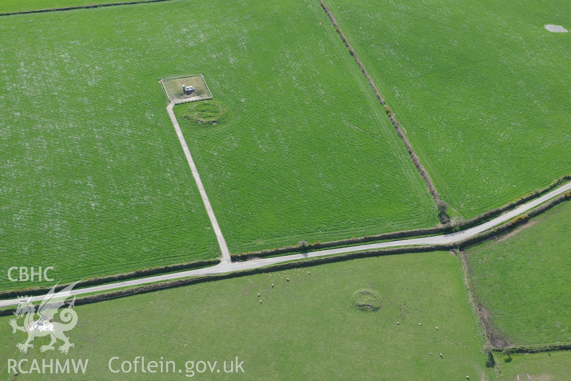 Crugiau Maensaeson, Cairn II. Oblique aerial photograph taken during the Royal Commission's programme of archaeological aerial reconnaissance by Toby Driver on 15th April 2015.