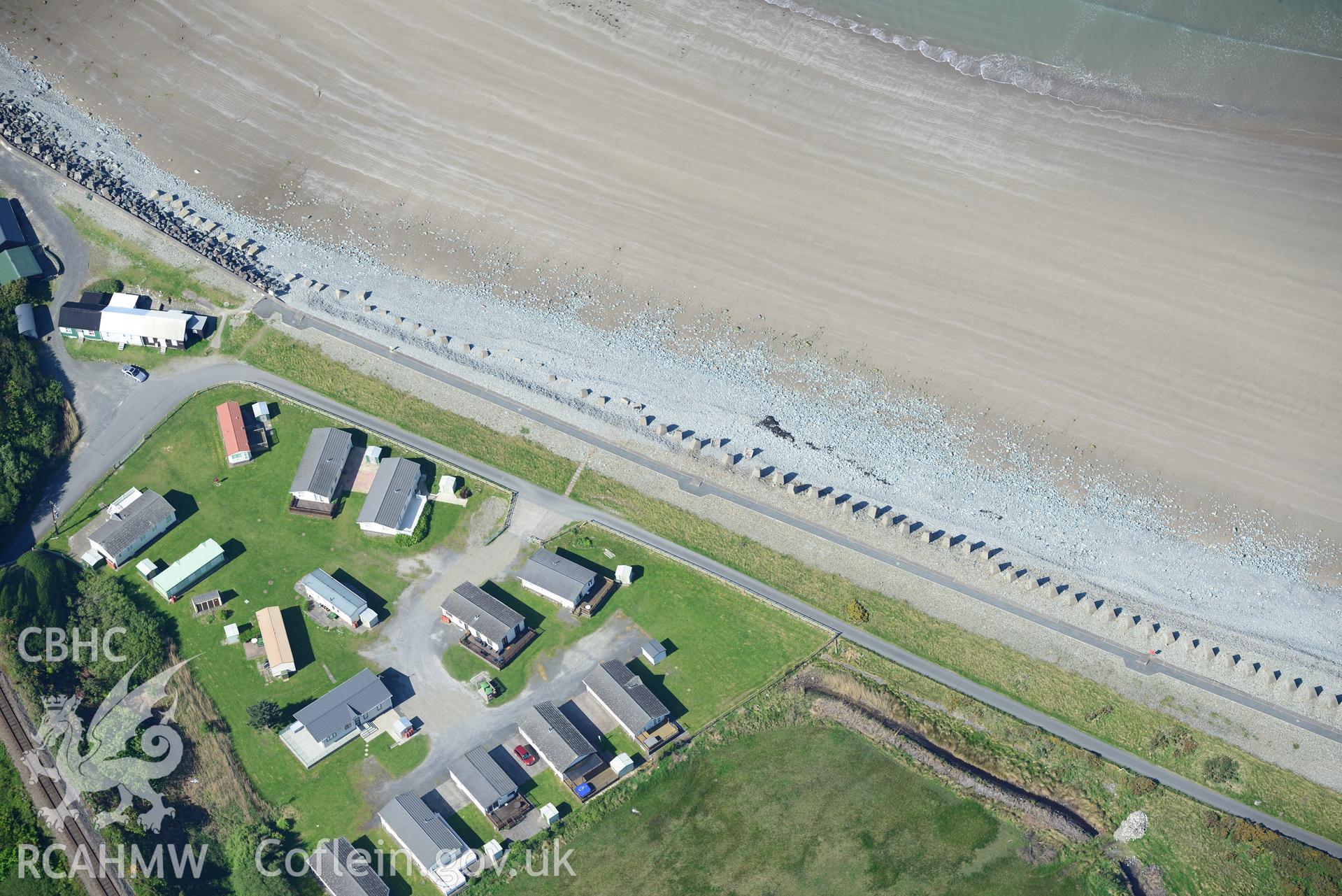 Aerial photography of Fairbourne anti-invasion defences taken on 3rd May 2017.  Baseline aerial reconnaissance survey for the CHERISH Project. ? Crown: CHERISH PROJECT 2017. Produced with EU funds through the Ireland Wales Co-operation Programme 2014-2020. All material made freely available through the Open Government Licence.