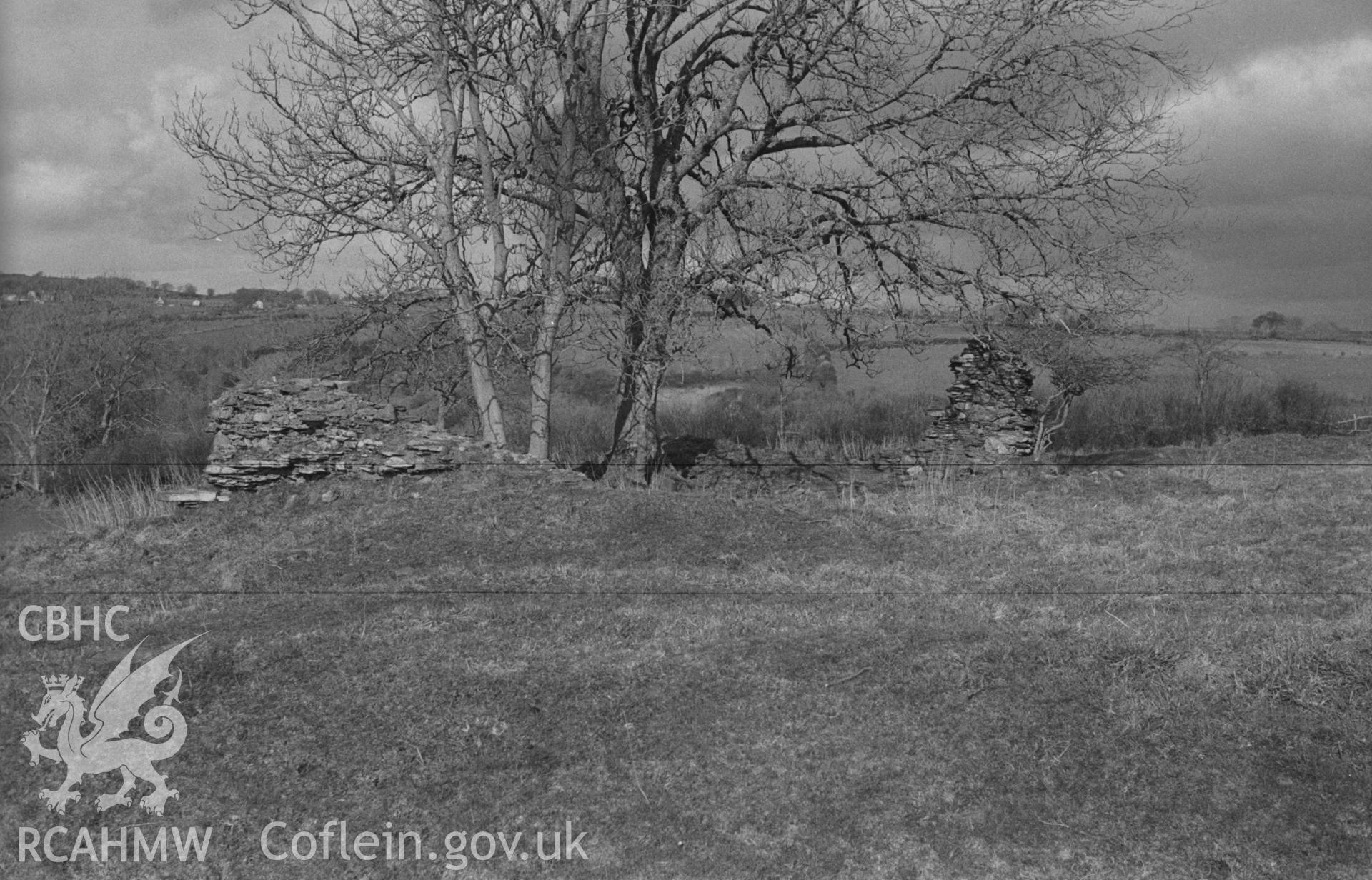 Digital copy of a black and white negative showing ruin of St. Mary's church, Llanfair Trefhelygen. Photographed in April 1963 by Arthur O. Chater from Grid Reference SN 3436 4413, looking east north east.