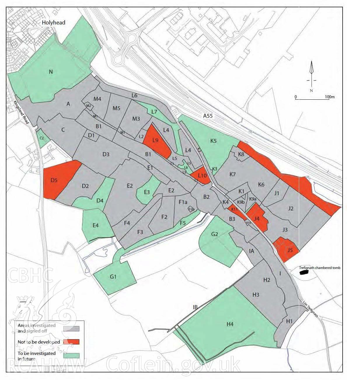 Plan of previous archaeological work undertaken at Parc Cybi Enterprise Zone, Holyhead, Anglesey, by area and status. Included in material used as part of Archaeology Wales' heritage impact assessment of the site, conducted in 2017. Project number: P2522.