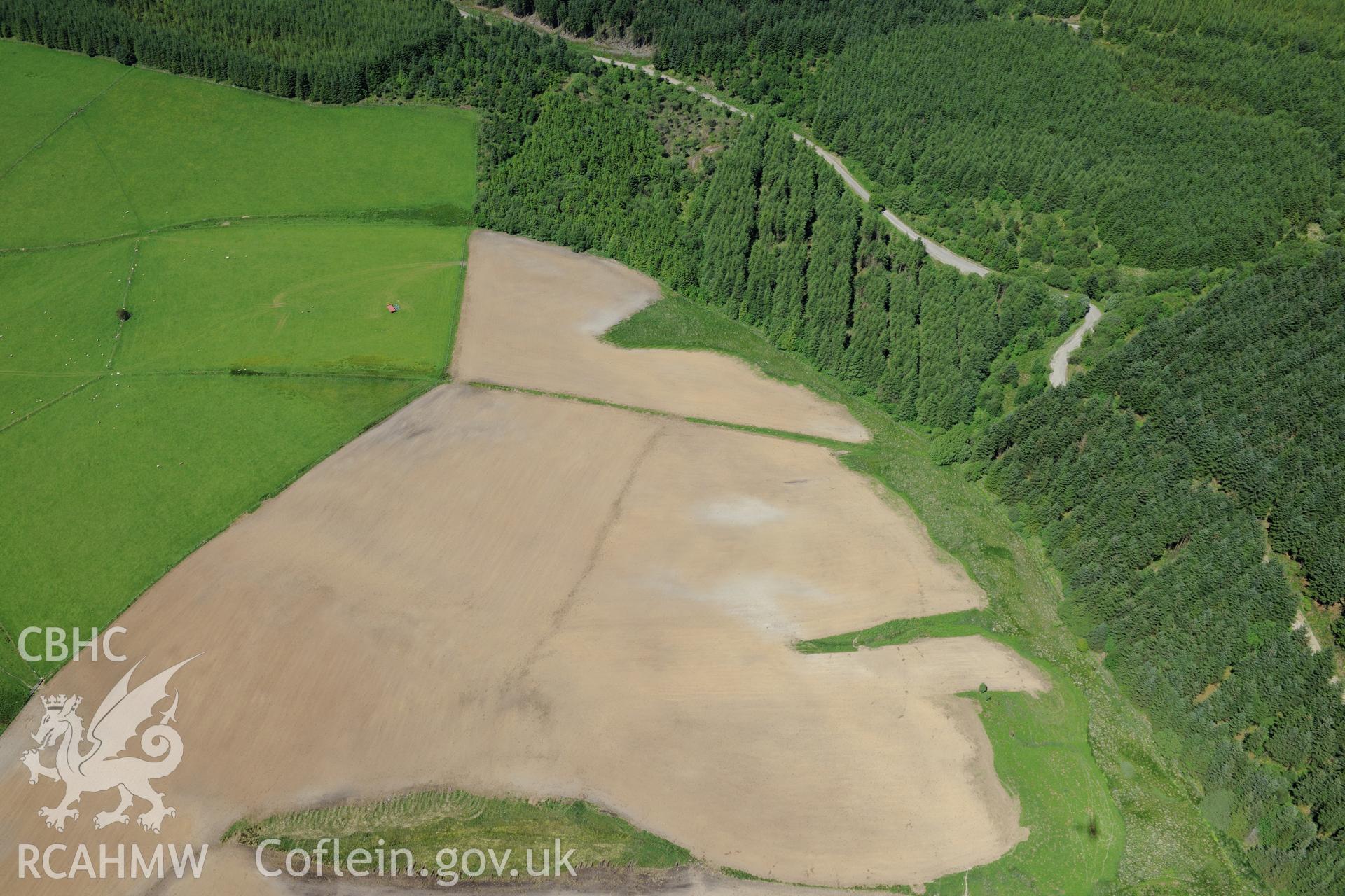 Abererbwll Roman fortlet, south west of Llanwrtyd Wells. Oblique aerial photograph taken during the Royal Commission's programme of archaeological aerial reconnaissance by Toby Driver on 30th June 2015.