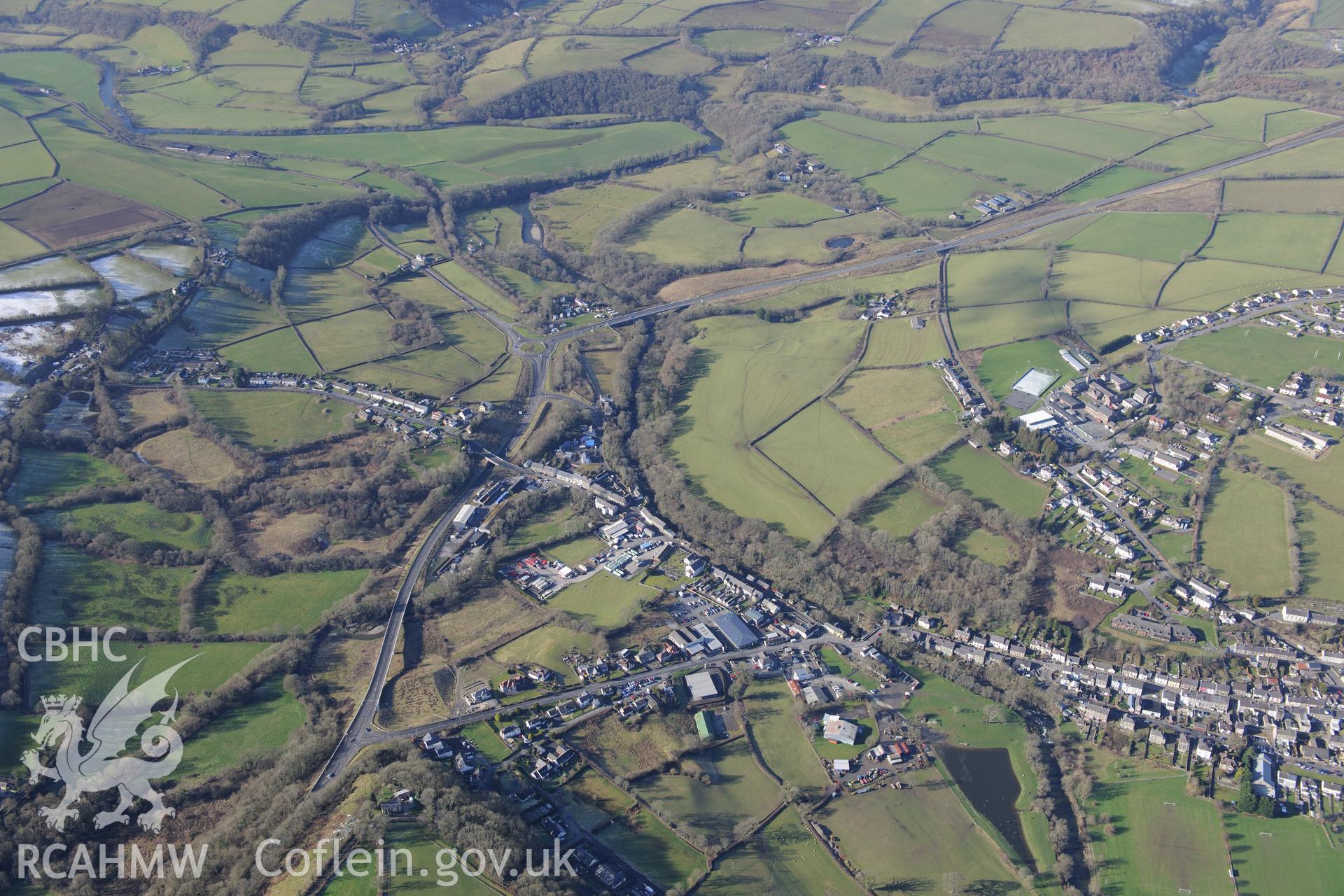 The town of Llandysul, photographed from the east. Oblique aerial photograph taken during the Royal Commission's programme of archaeological aerial reconnaissance by Toby Driver on 4th February 2015.