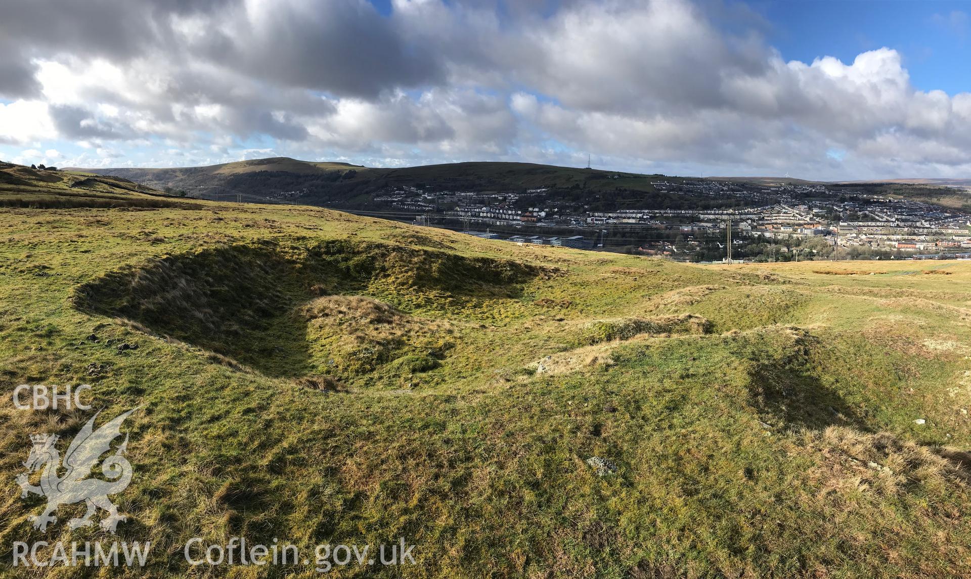 Digital colour photograph of a house platform forming part of the medieval settlement at Bwlch-y-Garn, Ebbw Vale, taken by Paul R. Davis on 17th March 2019.