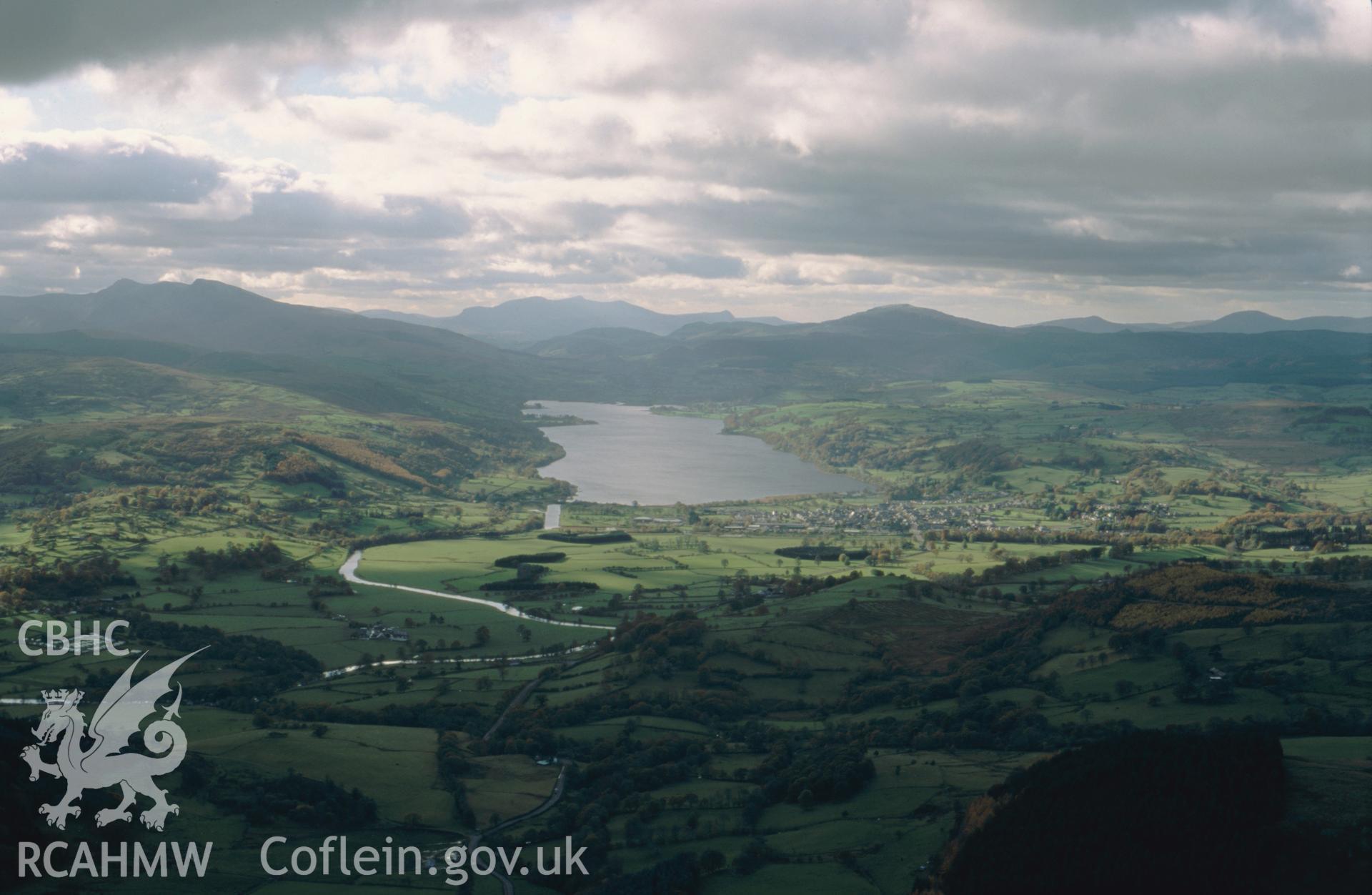 Digital copy of RCAHMW colour slide showing an aerial view of Llyn Tegid, Bala, dated 2001.