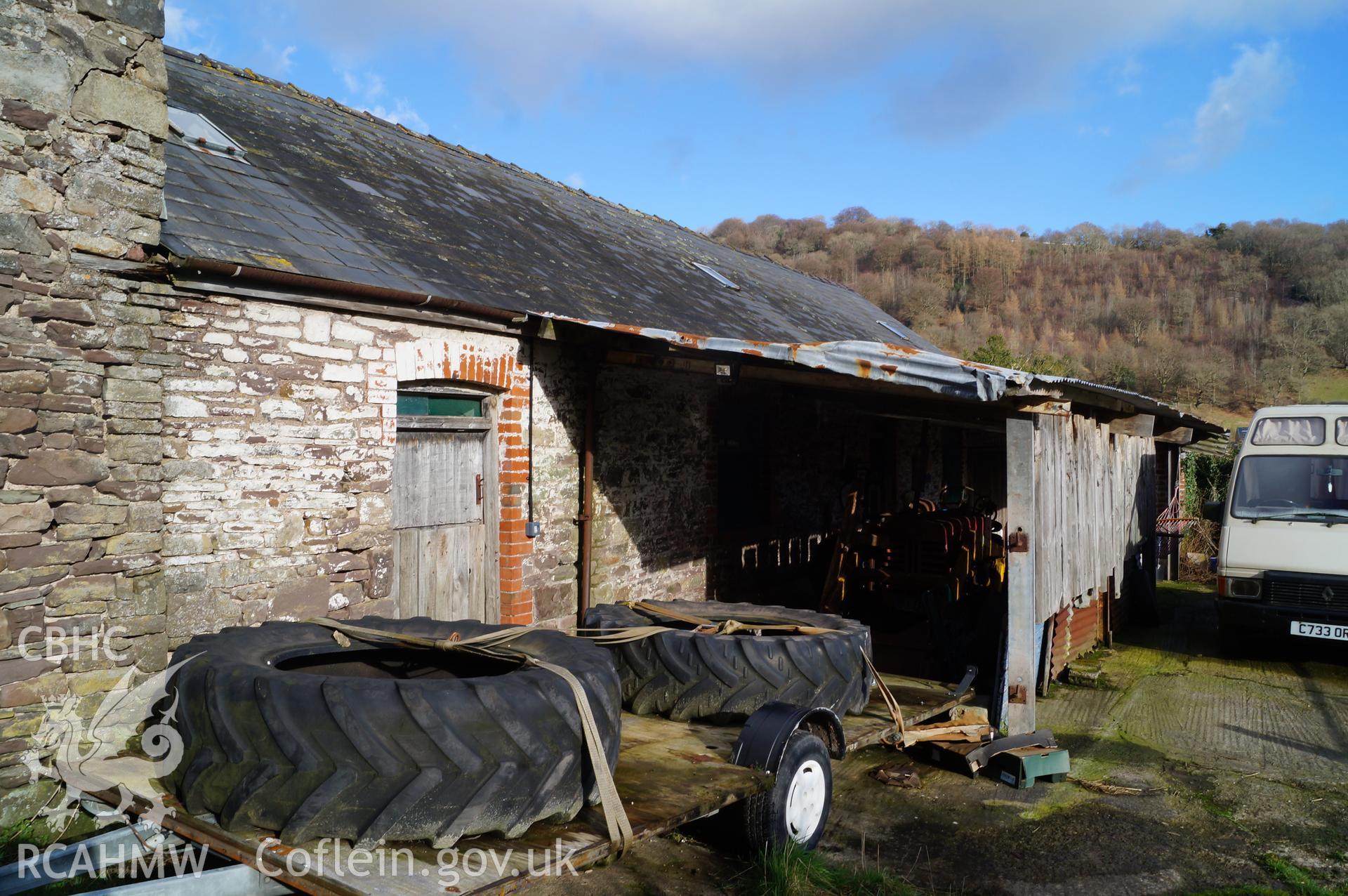 View 'looking northeast at the rear of barn' on Gwrlodau Farm, Llanbedr, Crickhowell. Photograph and description by Jenny Hall and Paul Sambrook of Trysor, 9th February 2018.