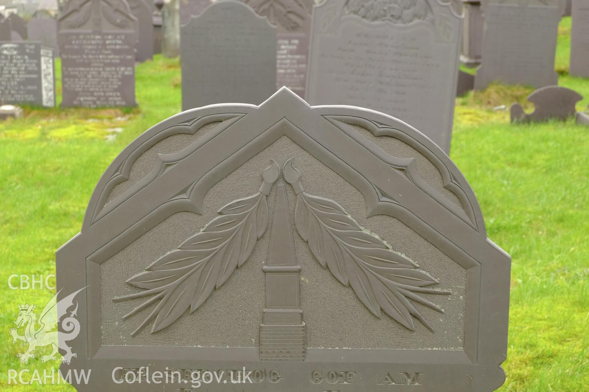 Colour photograph showing detail of slate headstone in Macpela Cemetery, Deiniolen, produced by Richard Hayman 7th March 2017