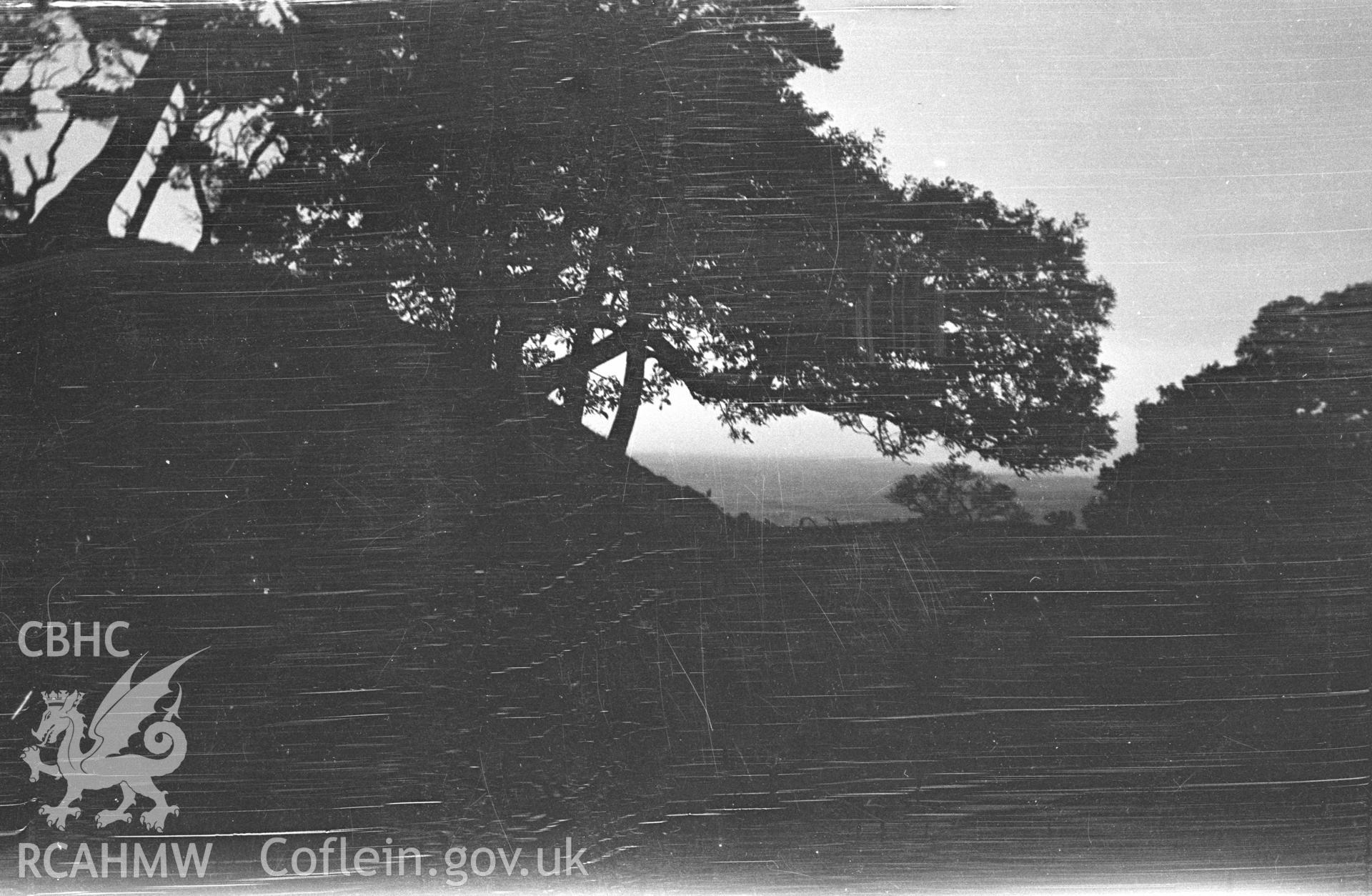 Digital copy of black and white negative relating to Bron-Felin Mound and Bailey Castle. From the Cadw Monuments in Care Collection.
