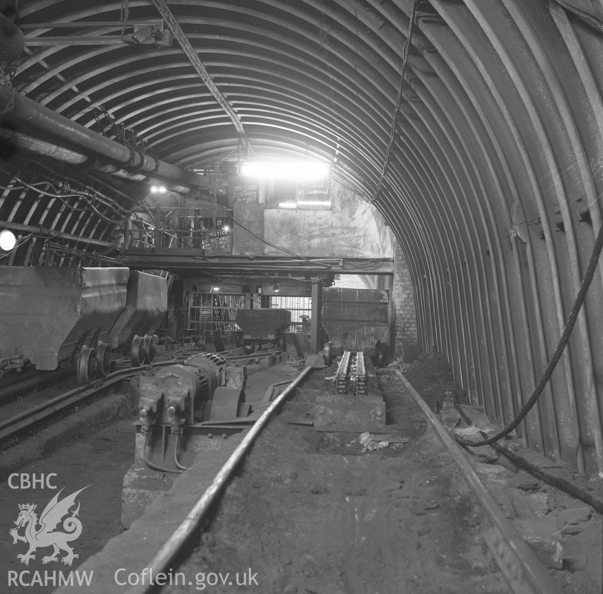 Digital copy of an acetate negative showing the pit bottom at Tower Colliery no 4, from the John Cornwell Collection.