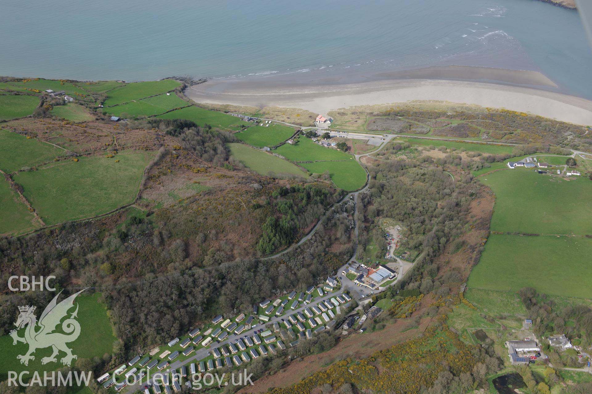 Manian Mill. St Dogmaels and Poppit Sands. Oblique aerial photograph taken during the Royal Commission's programme of archaeological aerial reconnaissance by Toby Driver on 15th April 2015.'
