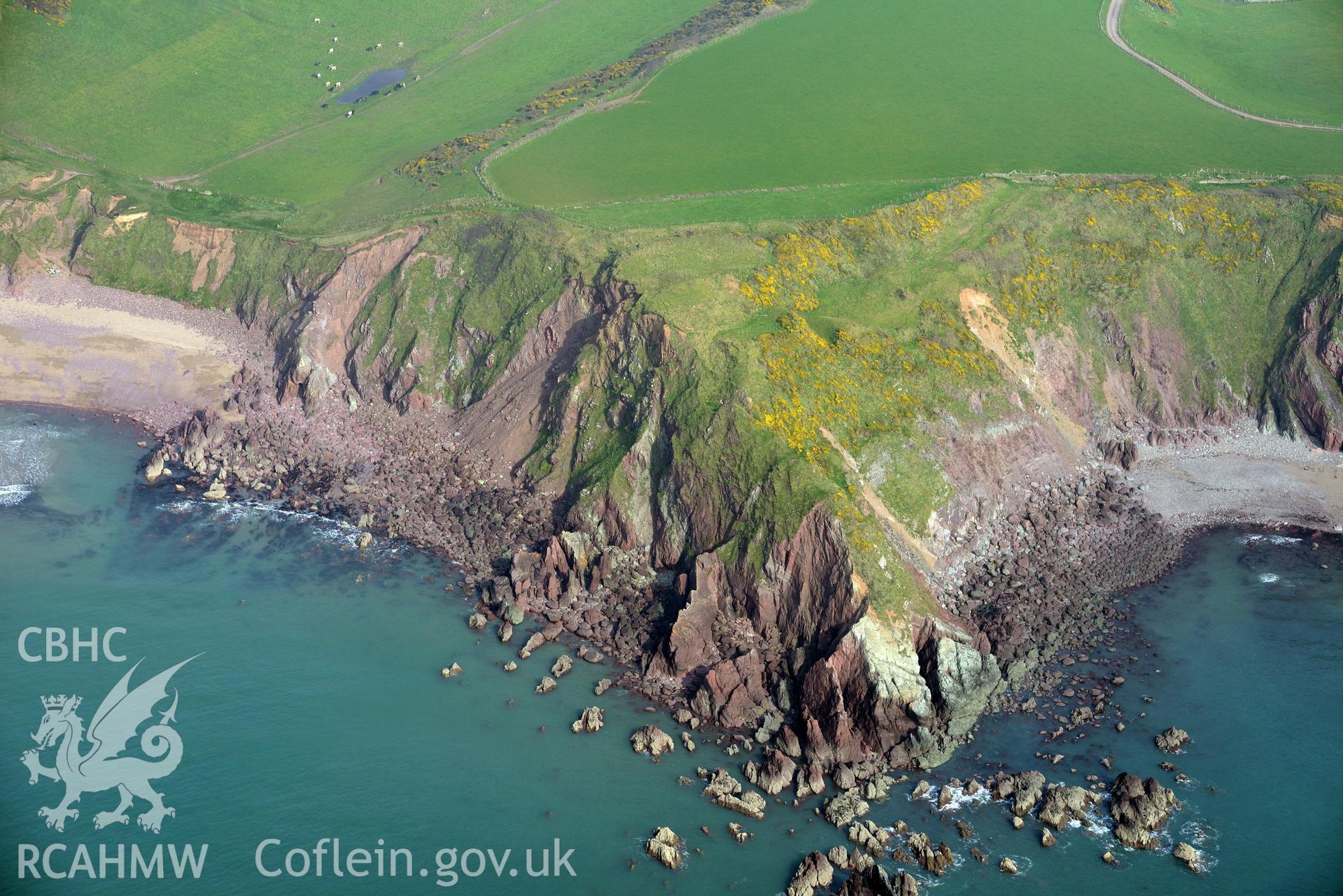 Aerial photography of Great Castle Head taken on 27th March 2017. Baseline aerial reconnaissance survey for the CHERISH Project. ? Crown: CHERISH PROJECT 2017. Produced with EU funds through the Ireland Wales Co-operation Programme 2014-2020. All material made freely available through the Open Government Licence.