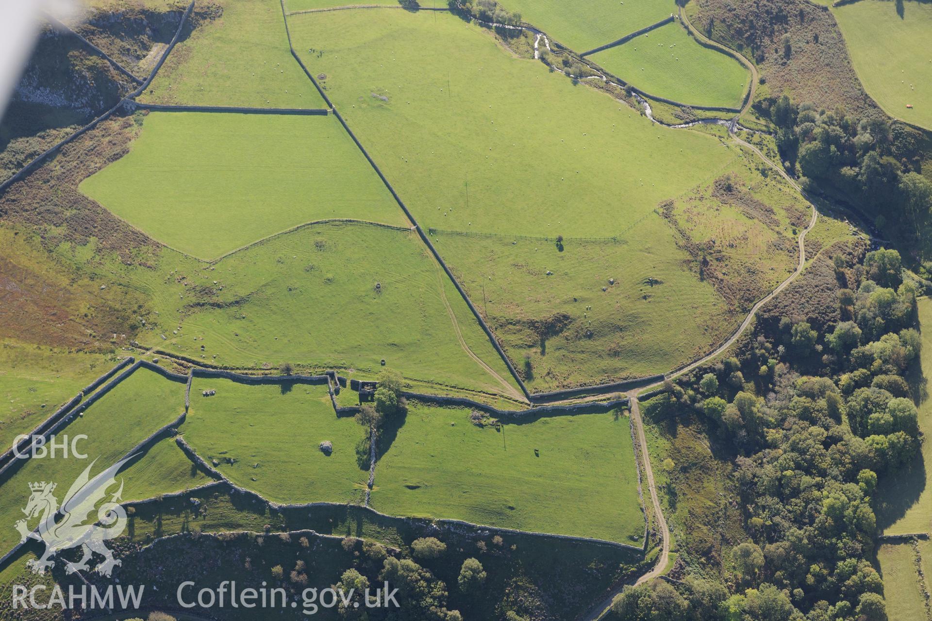 Old field system at Pant Phylip farm, Arthog, near Fairbourne. Oblique aerial photograph taken during the Royal Commission's programme of archaeological aerial reconnaissance by Toby Driver on 2nd October 2015.