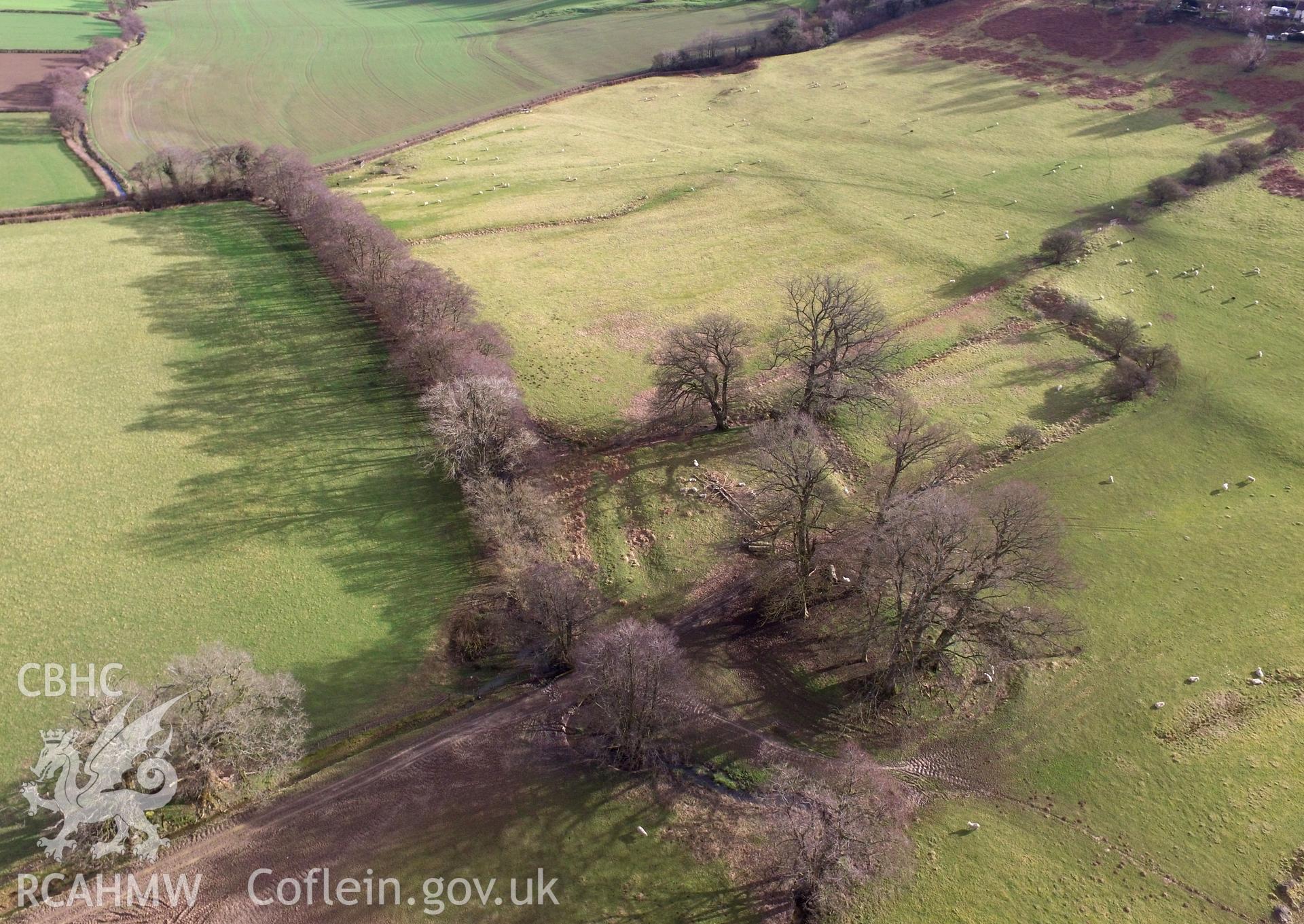 Aerial view of Castell Nimble, Old Radnor. Colour photograph taken by Paul R. Davis on 2nd February 2018.