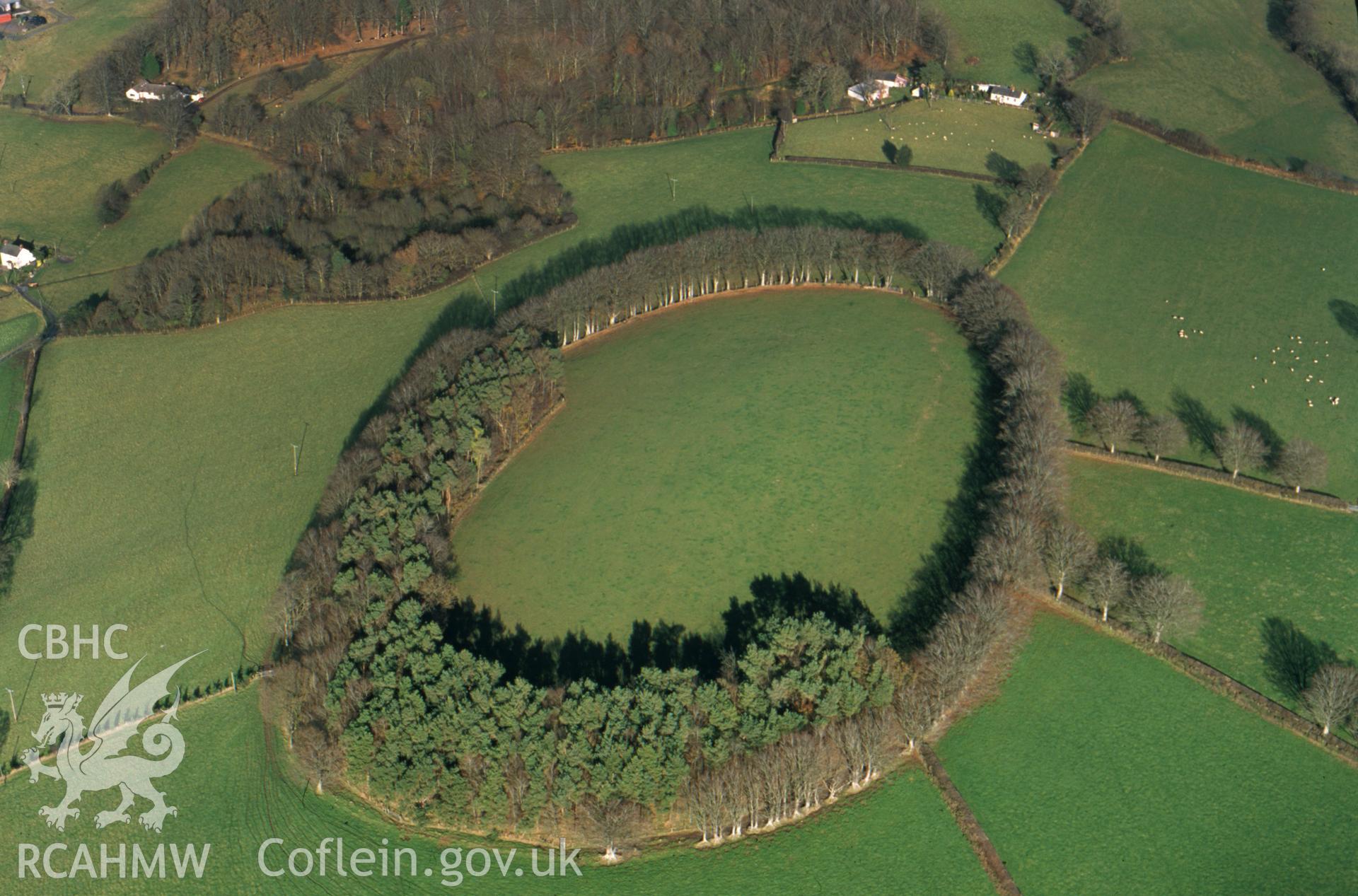 Digital copy of RCAHMW colour slide showing an aerial view of Lletty-Twpa Wood.