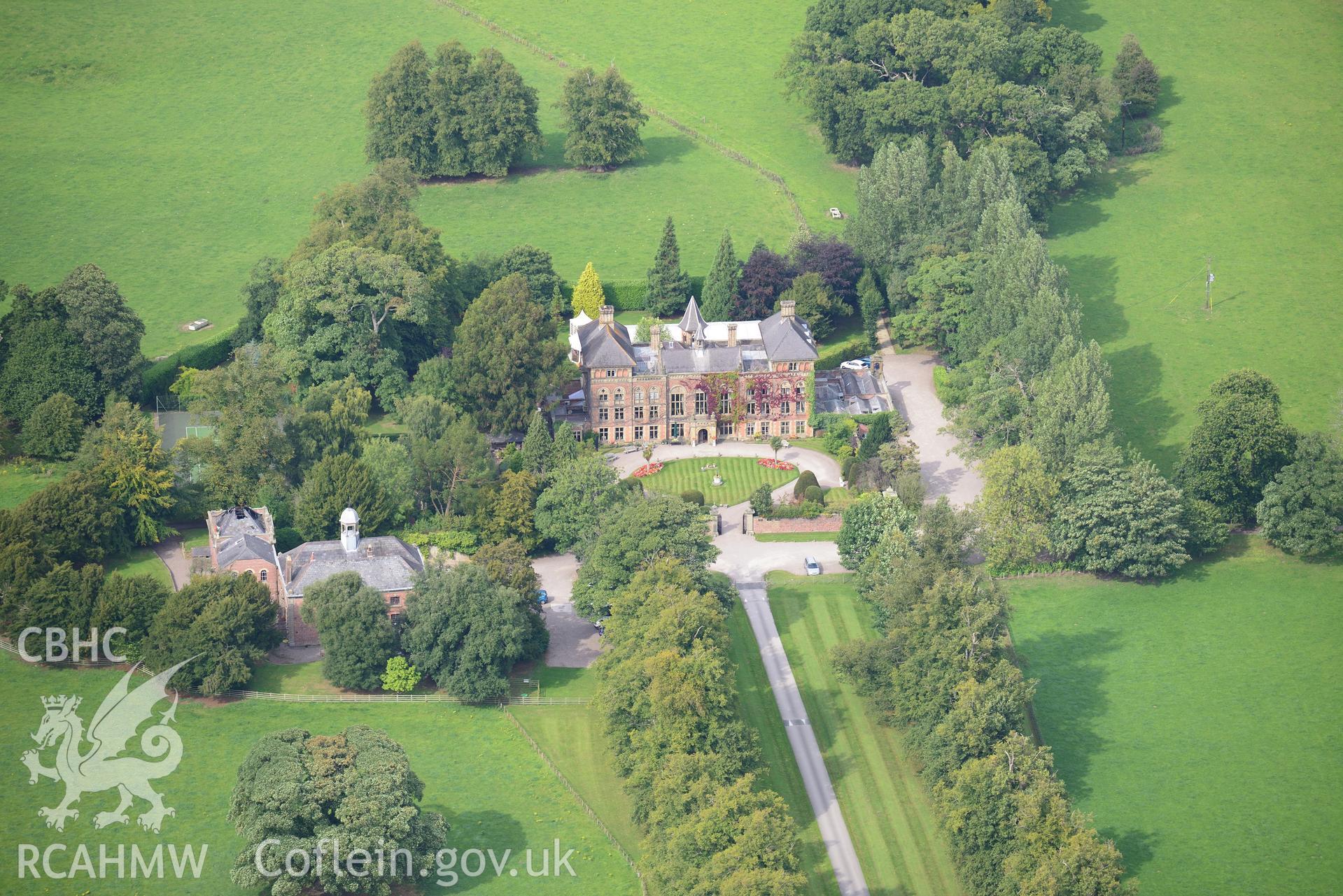 Soughton Hall, Garden, Coach House and Stable Block, Soughton, near Mold. Oblique aerial photograph taken during the Royal Commission's programme of archaeological aerial reconnaissance by Toby Driver on 11th September 2015.