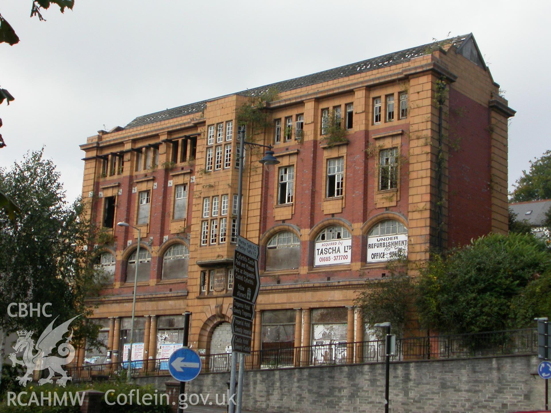 Colour photograph of the exterior of the YMCA Building, Pontmorlais Road, Merthyr Tydfil. Photographed during survey conducted by Geoff Ward on the 26th September 2005.