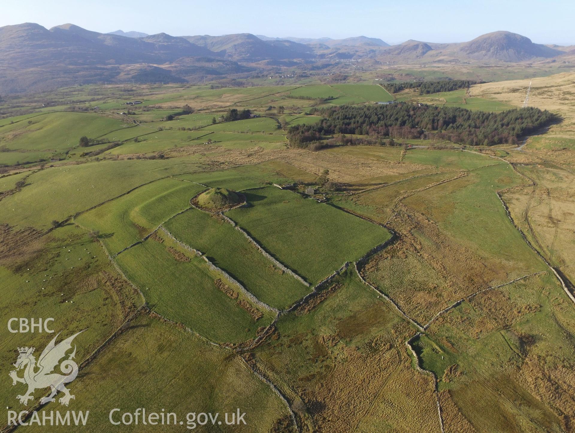 Aerial view from the south of Tomen-y-Mur, Maentwrog. Colour photograph taken by Paul R. Davis on 15th March 2017.