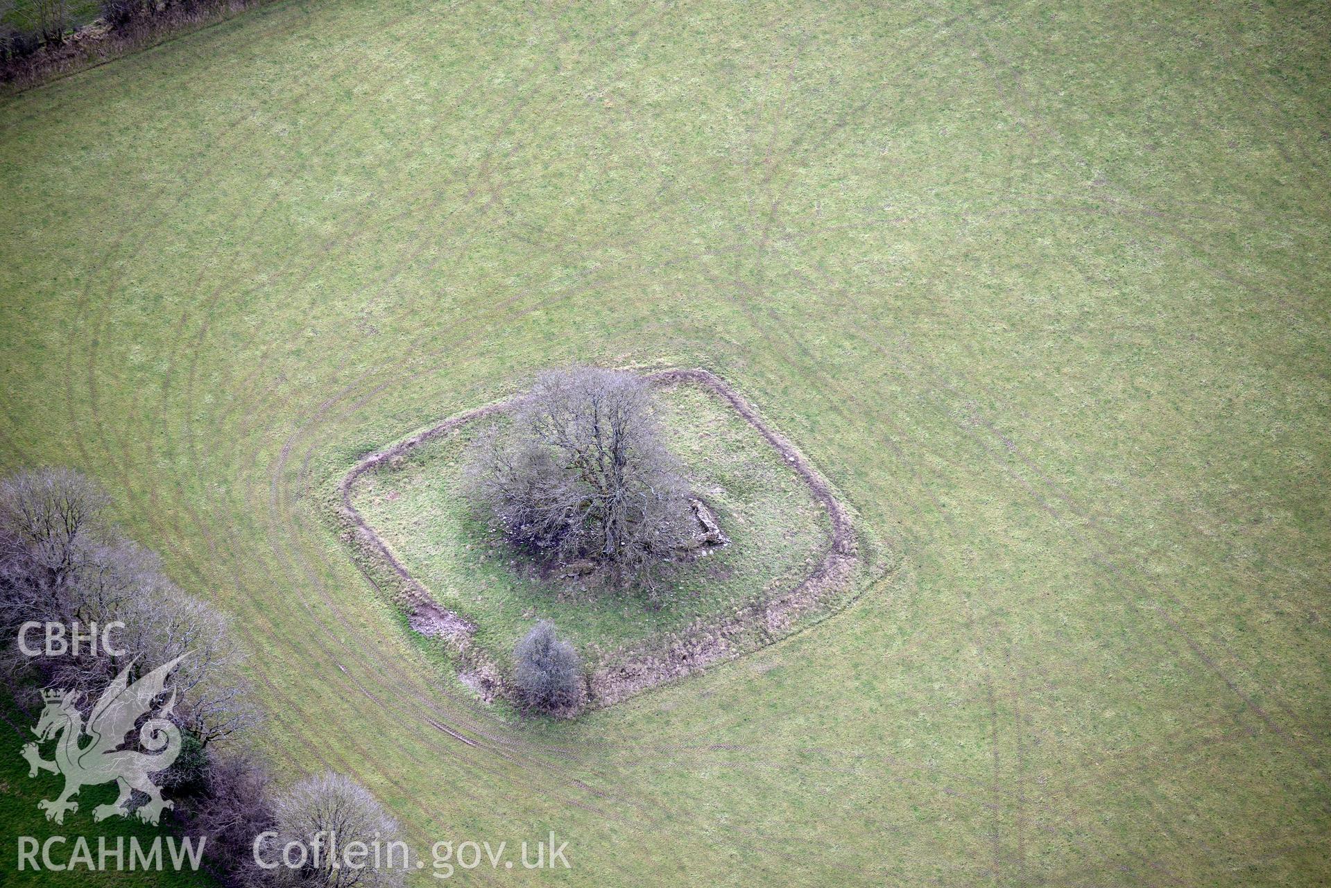 The remains of St. Mary's church, Llanfair-Treflygen, Llangynllo. Oblique aerial photograph taken during the Royal Commission's programme of archaeological aerial reconnaissance by Toby Driver on 13th March 2015.