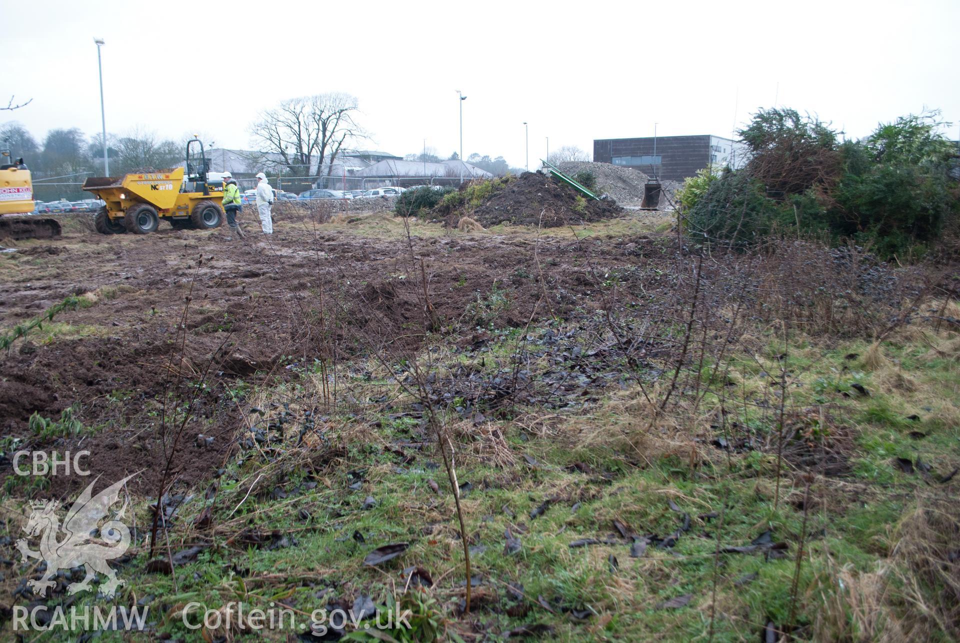 General view from the south east of the area of the site, after removal of vegetation. Photographed by Gwynedd Archaeological Trust during archaeological watching brief at Pen-yr-Orsedd, Llangefni industrial estate, on 7th March 2018.