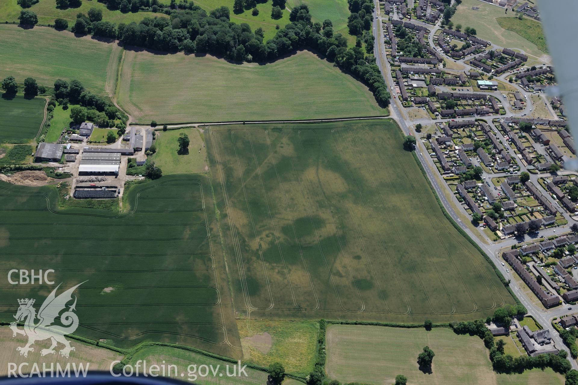 Cropmarks north west of Llwyn Knottia, with Wrexham on the right of the photograph. Oblique aerial photograph taken during the Royal Commission's programme of archaeological aerial reconnaissance by Toby Driver on 30th June 2015.