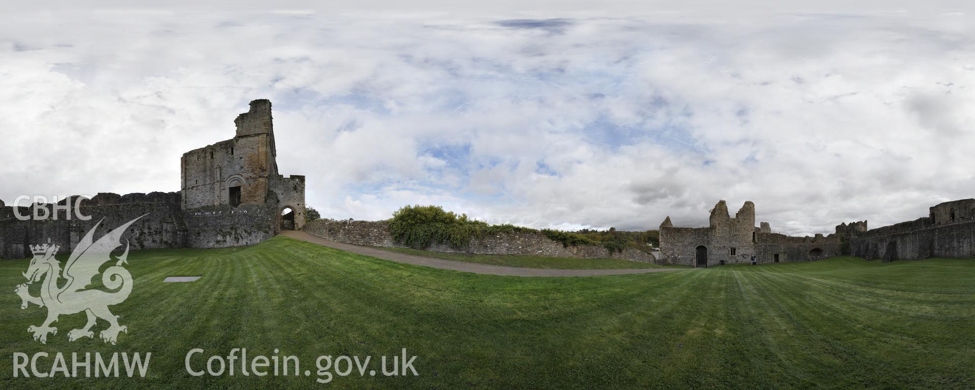 Reduced resolution tiff of stitched images from the middle bailey at Chepstow Castle, produced by Susan Fielding and Rita Singer, July 2017. Produced through European Travellers to Wales project.