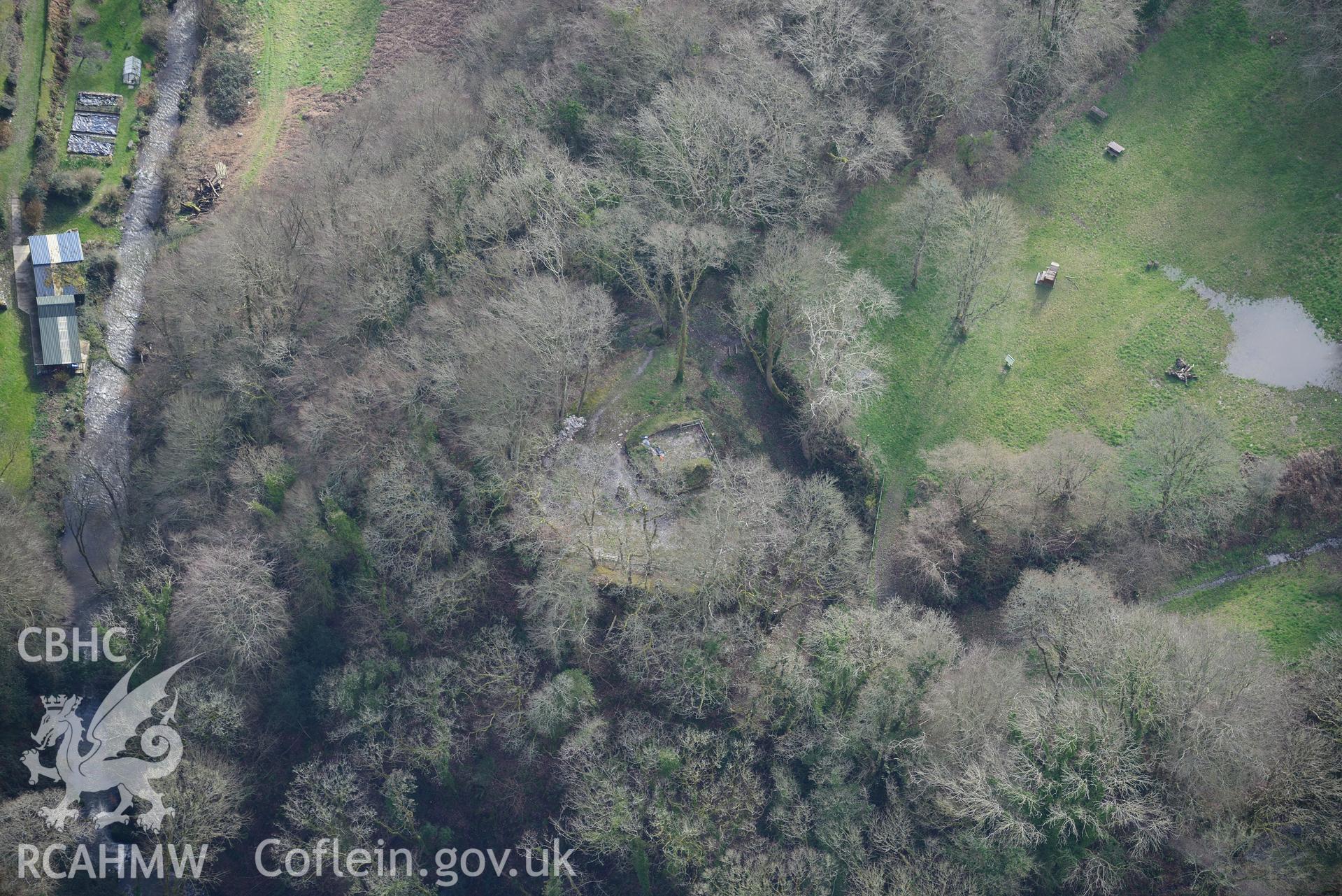 Nevern Castle, Nevern, between Cardigan and Fishguard. Oblique aerial photograph taken during the Royal Commission's programme of archaeological aerial reconnaissance by Toby Driver on 13th March 2015.