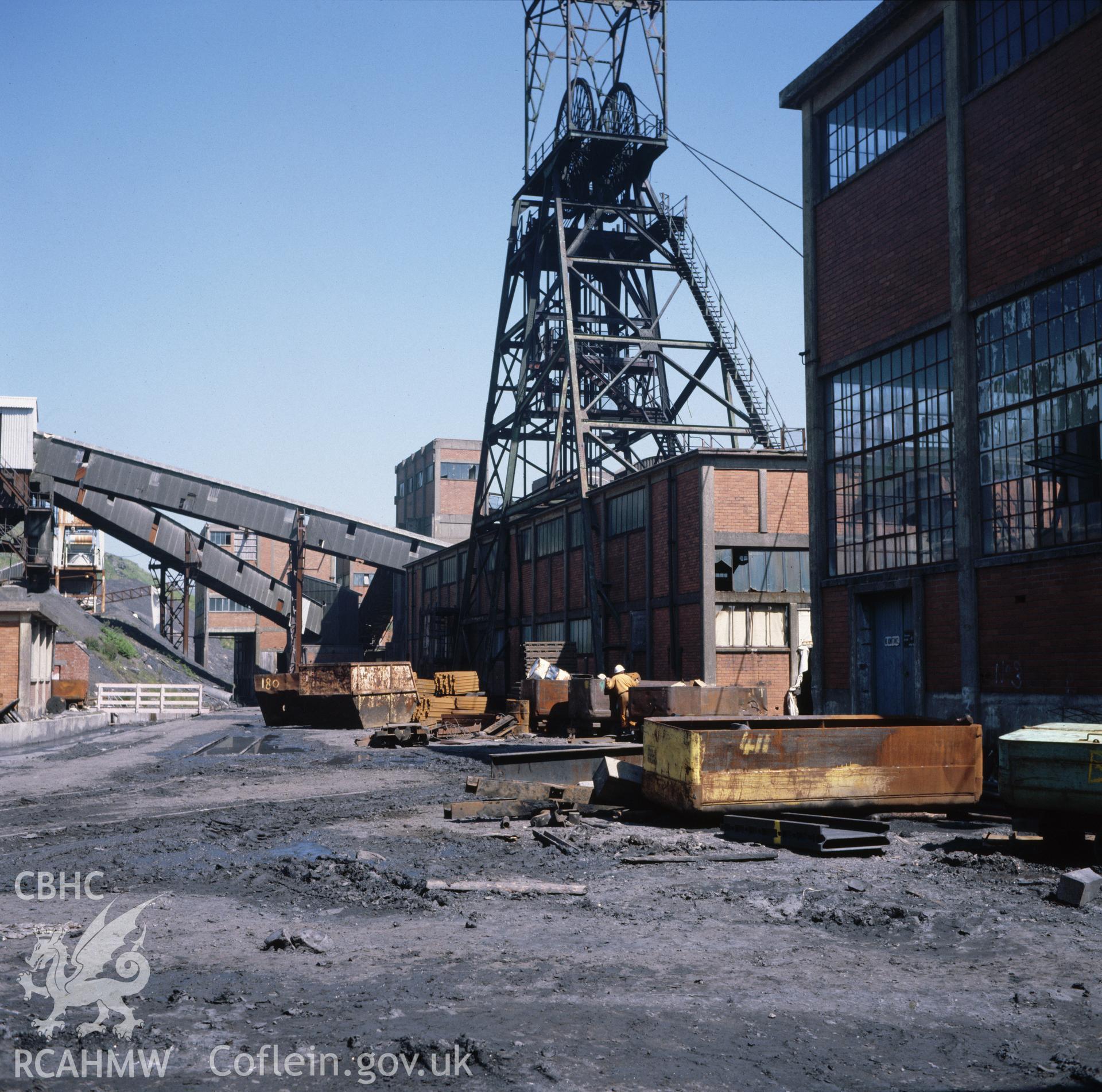 Digital copy of an acetate negative showing headframe at Maerdy Colliery, from the John Cornwell Collection.