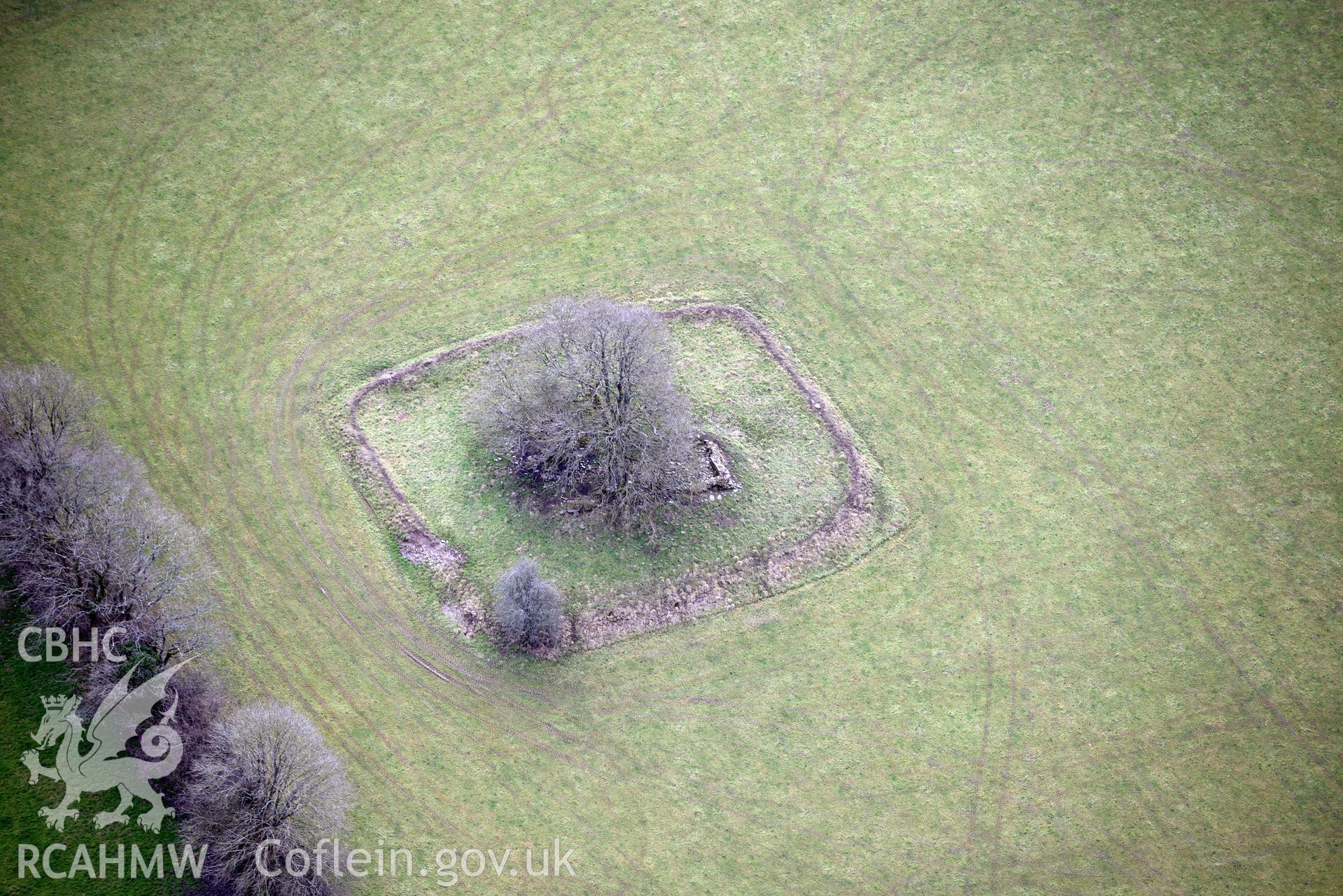 The remains of St. Mary's church, Llanfair-Treflygen, Llangynllo. Oblique aerial photograph taken during the Royal Commission's programme of archaeological aerial reconnaissance by Toby Driver on 13th March 2015.