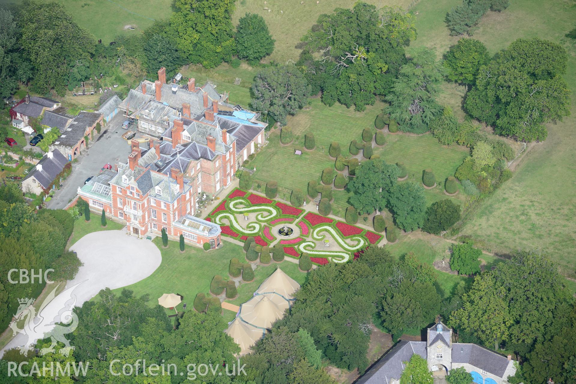 Bodrhyddan Hall and Garden, Dyserth. Oblique aerial photograph taken during the Royal Commission's programme of archaeological aerial reconnaissance by Toby Driver on 11th September 2015.